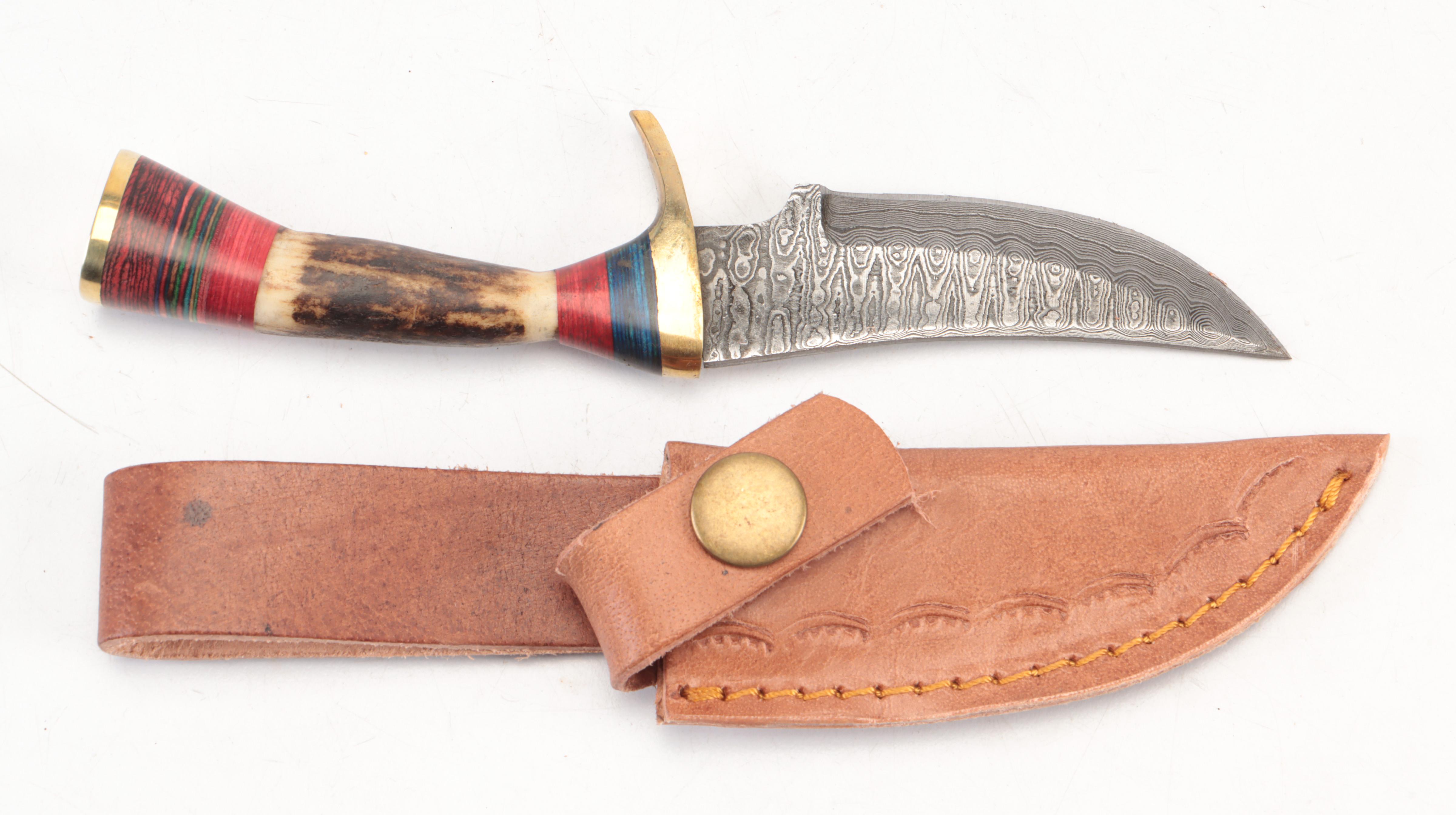 Five Stag Antler Handled Damascus Steel Blade Knives with Leather Sheaths