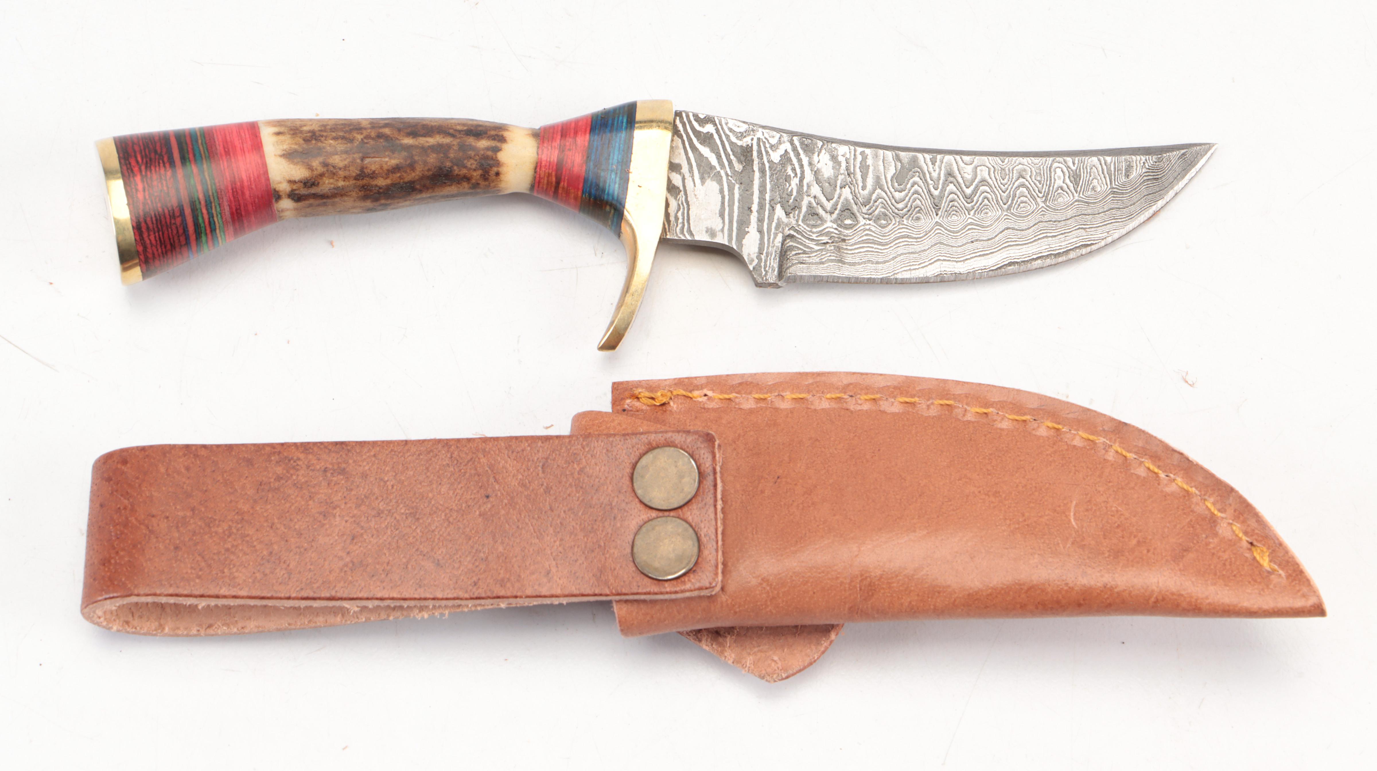 Five Stag Antler Handled Damascus Steel Blade Knives with Leather Sheaths