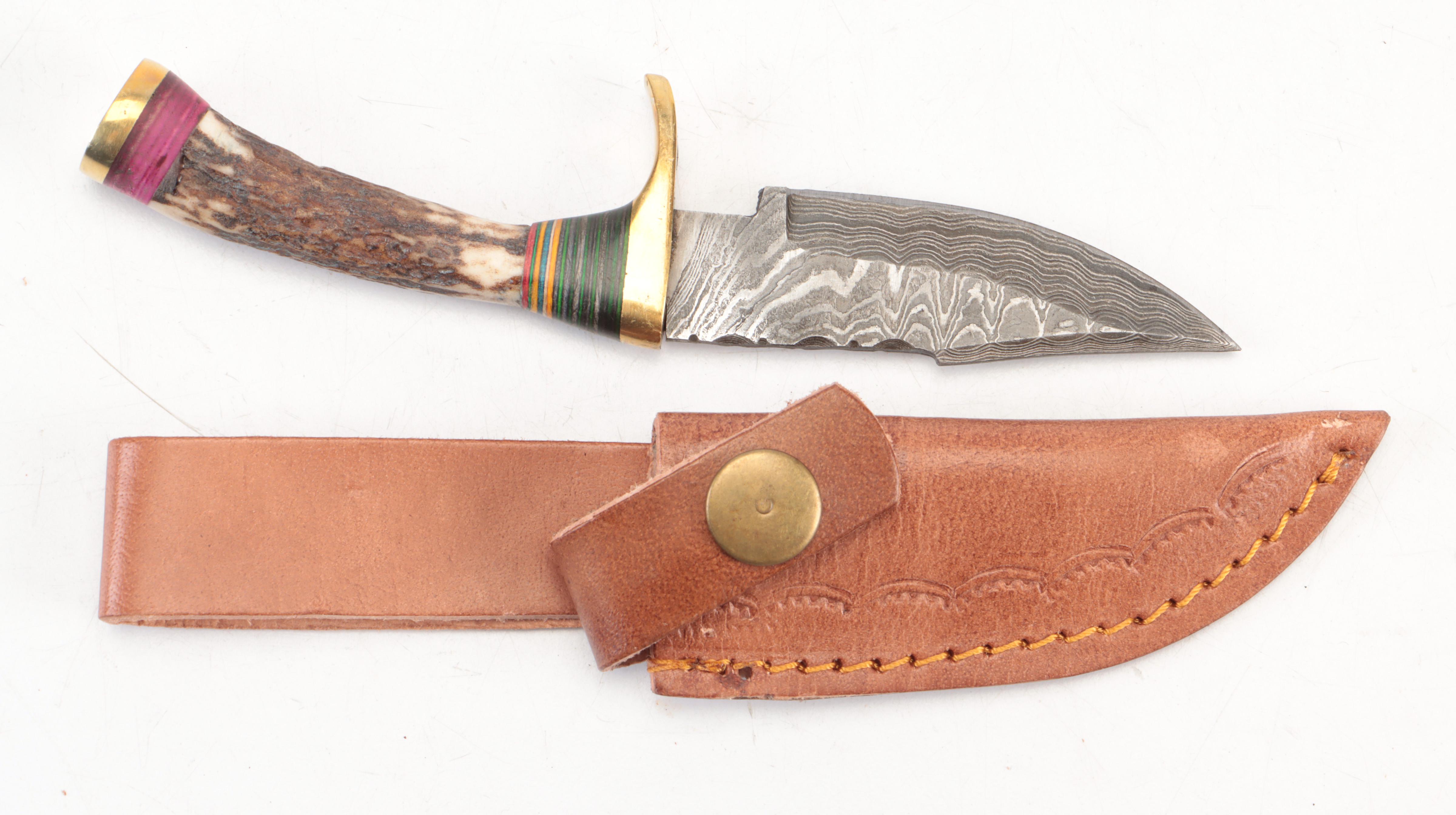 Five Stag Antler Handled Damascus Steel Blade Knives with Leather Sheaths