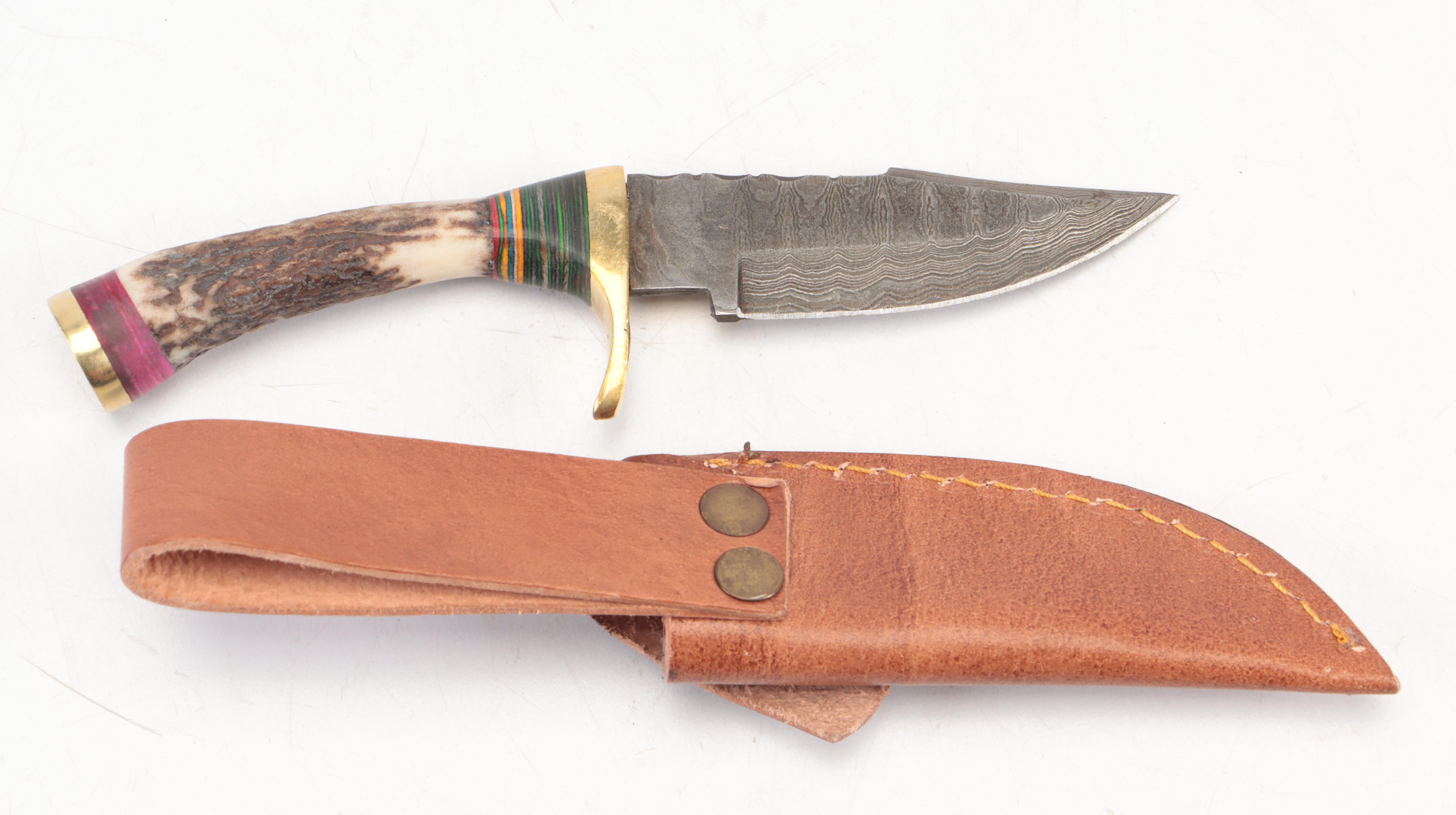 Five Stag Antler Handled Damascus Steel Blade Knives with Leather Sheaths