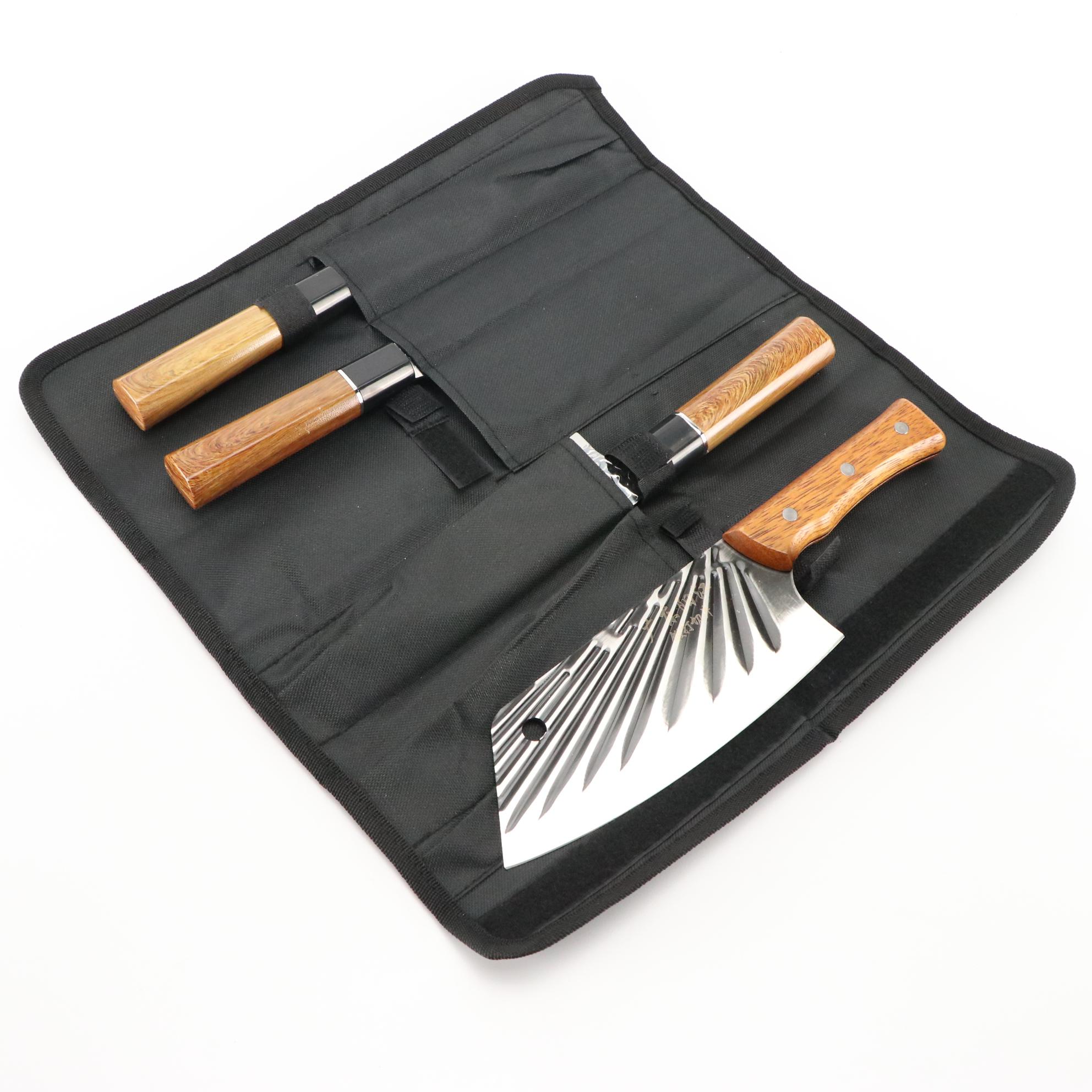 Four Piece Chef's Knife and Cleaver Set in Nylon Roll Case