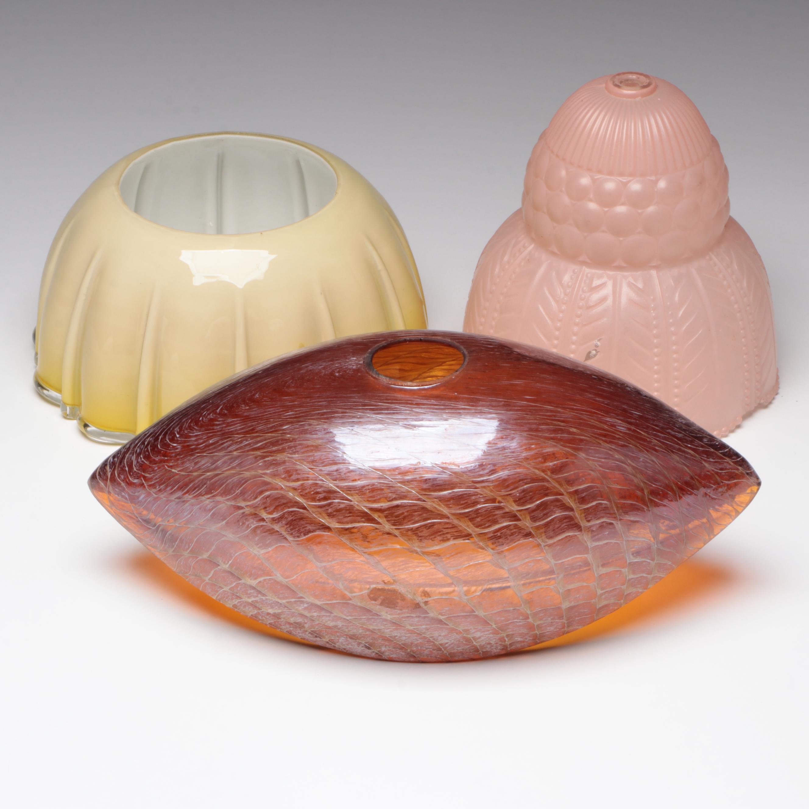Cased Glass, Pink and Amber Glass Lamp Shades