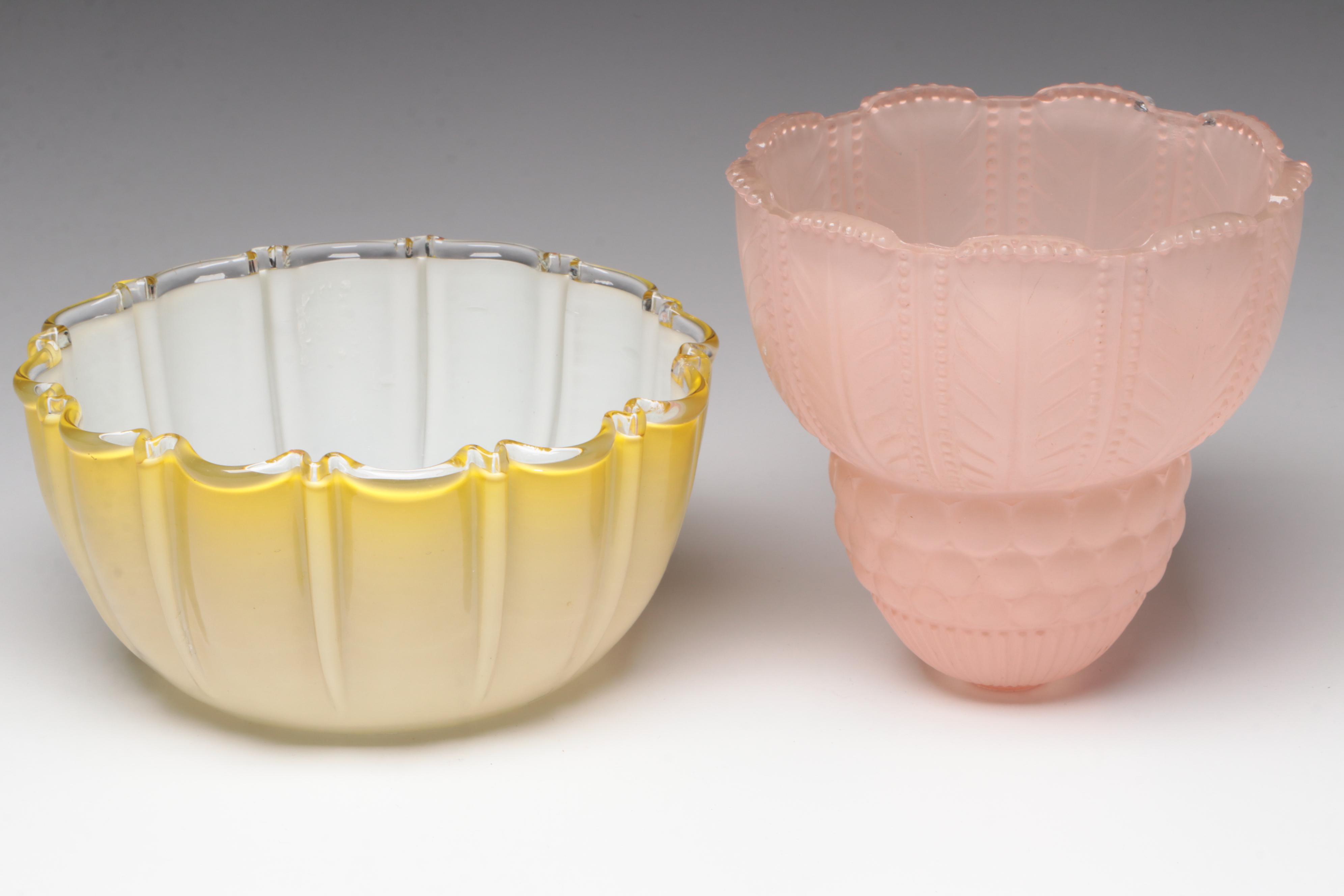 Cased Glass, Pink and Amber Glass Lamp Shades