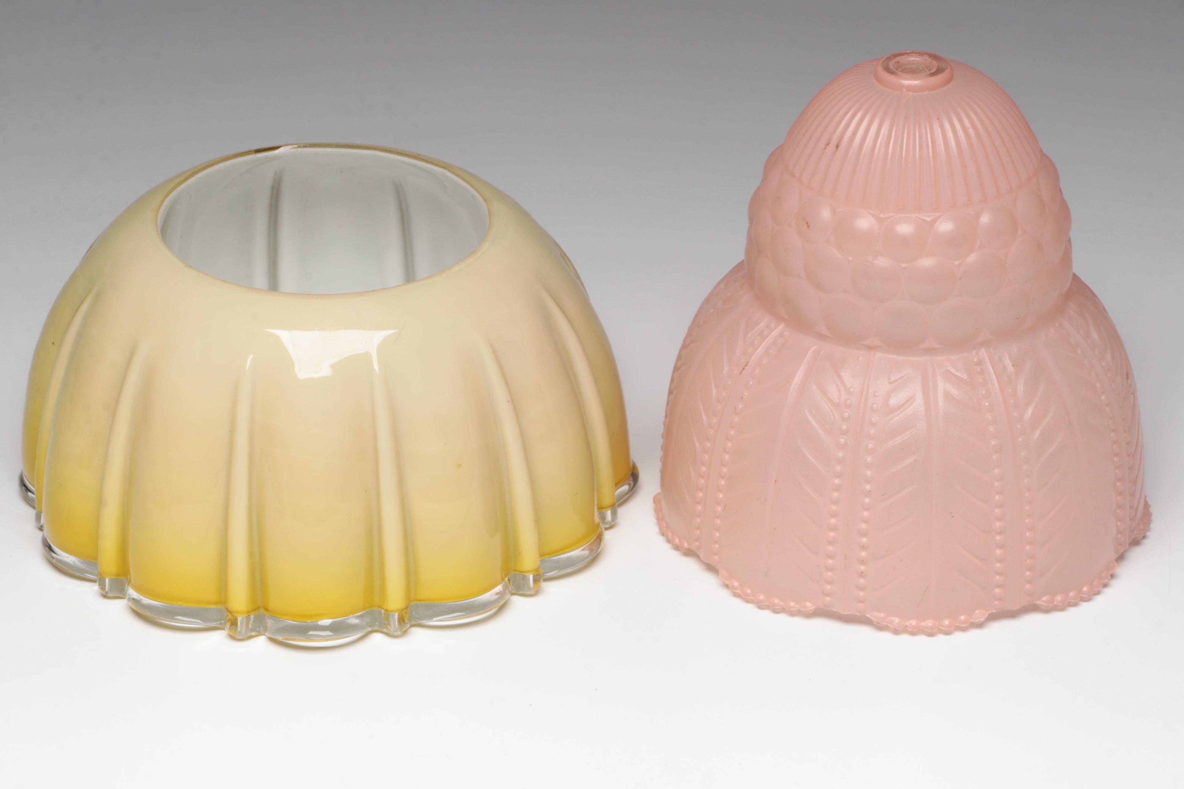Cased Glass, Pink and Amber Glass Lamp Shades