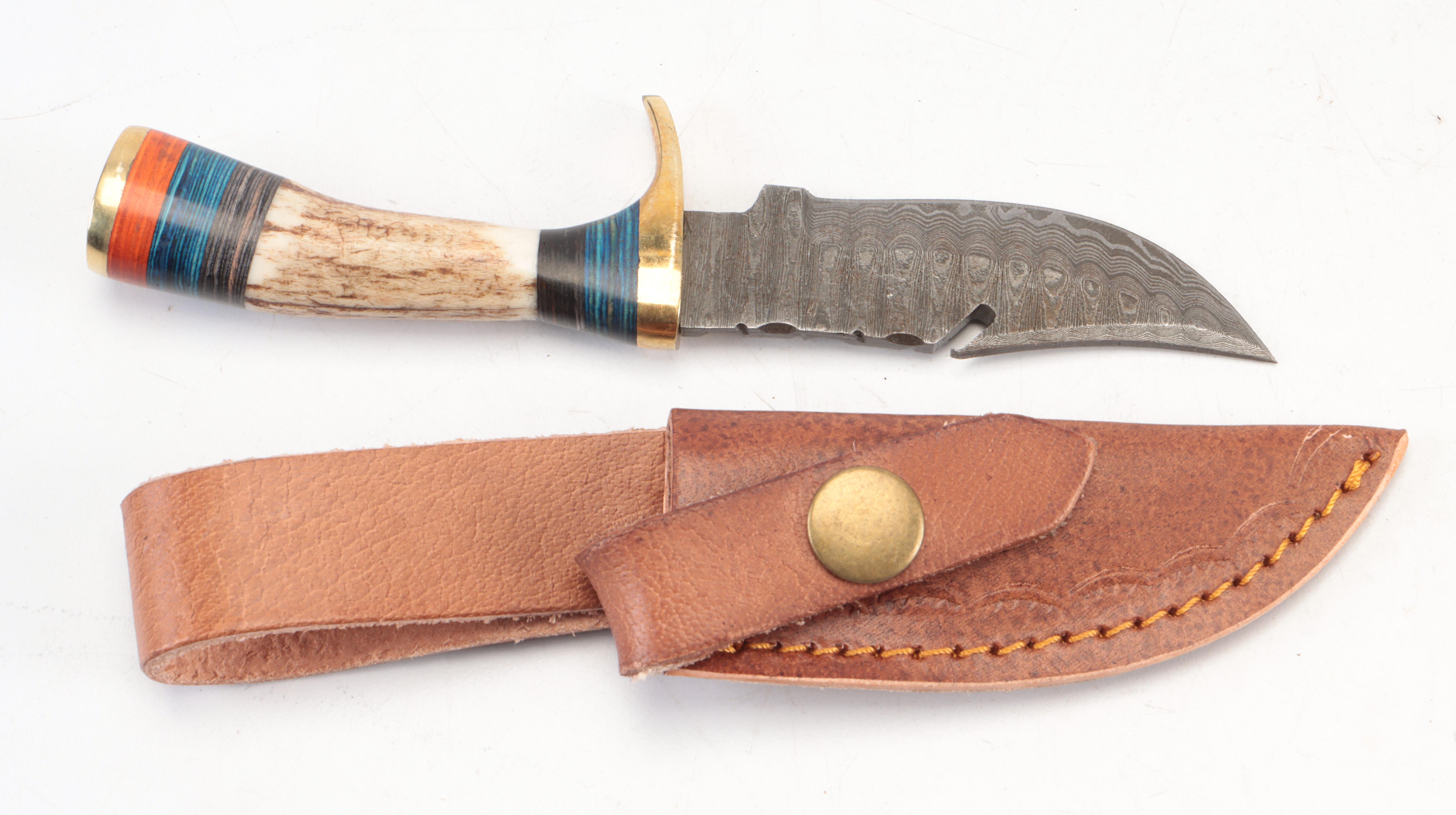 Seven Antler-Handled Damascus Steel Blade Knives with Leather Sheaths