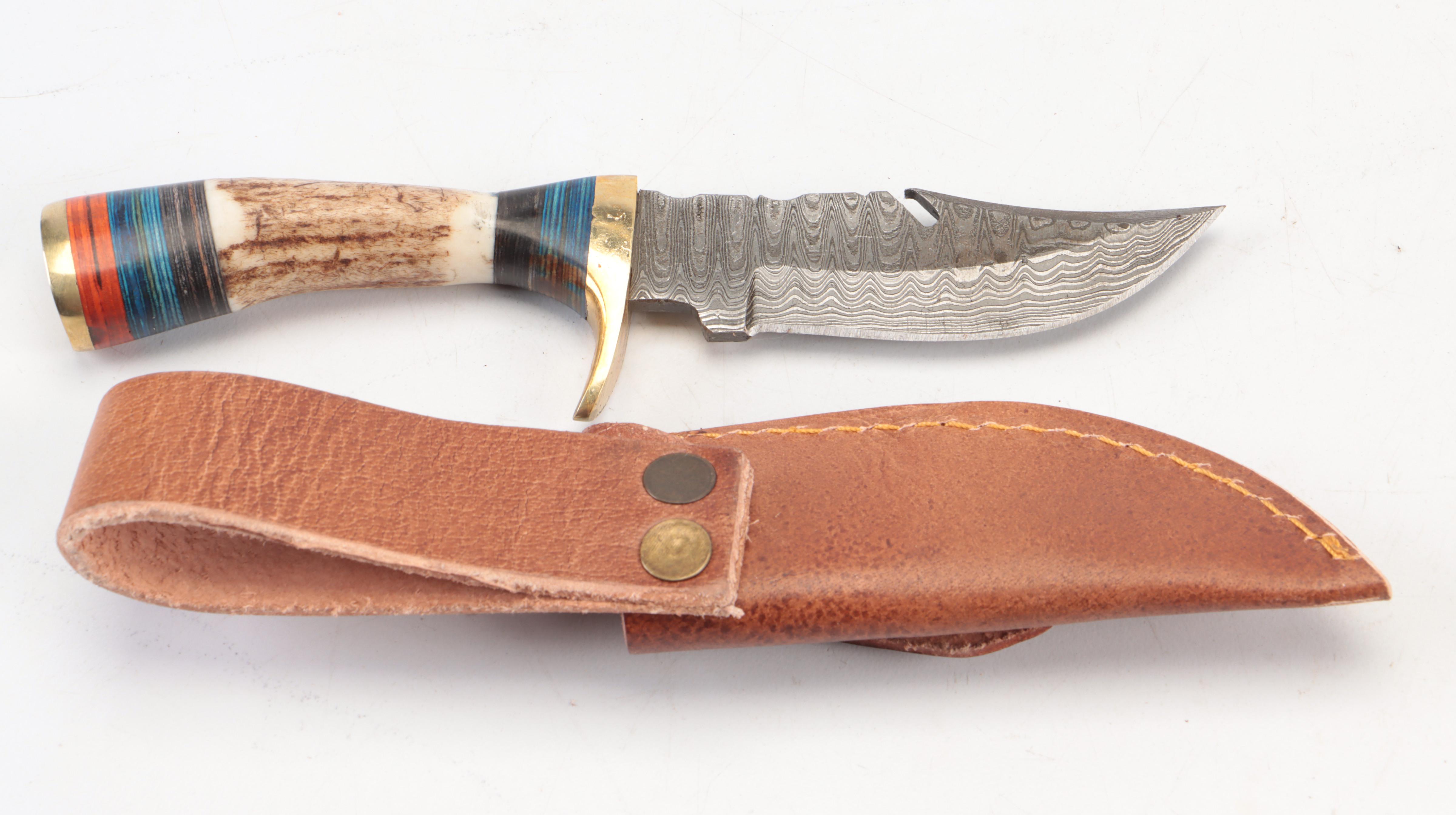 Seven Antler-Handled Damascus Steel Blade Knives with Leather Sheaths