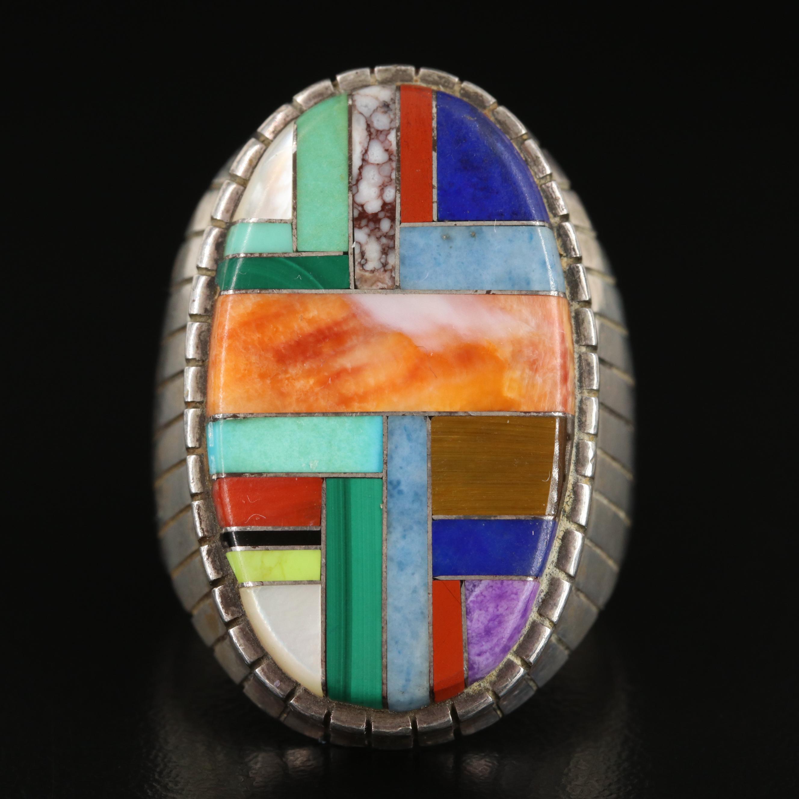 Southwestern Style Signed Sterling Multi-Gemstone Inlay Ring | EBTH