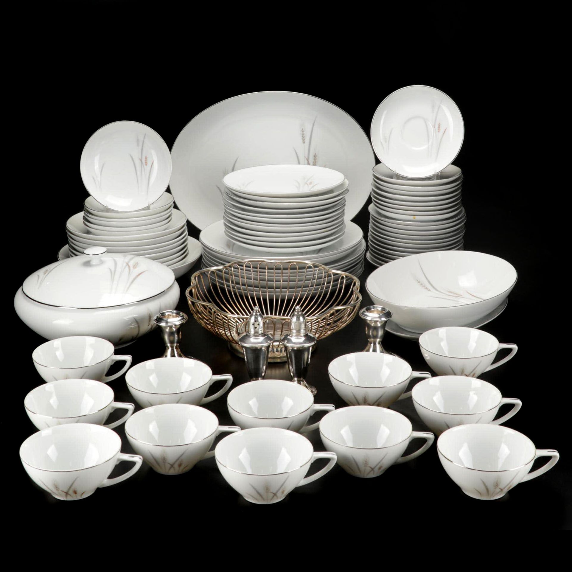 Sterling Silver Candlesticks, Shakers and Fine China "Platinum Wheat" Dinnerware