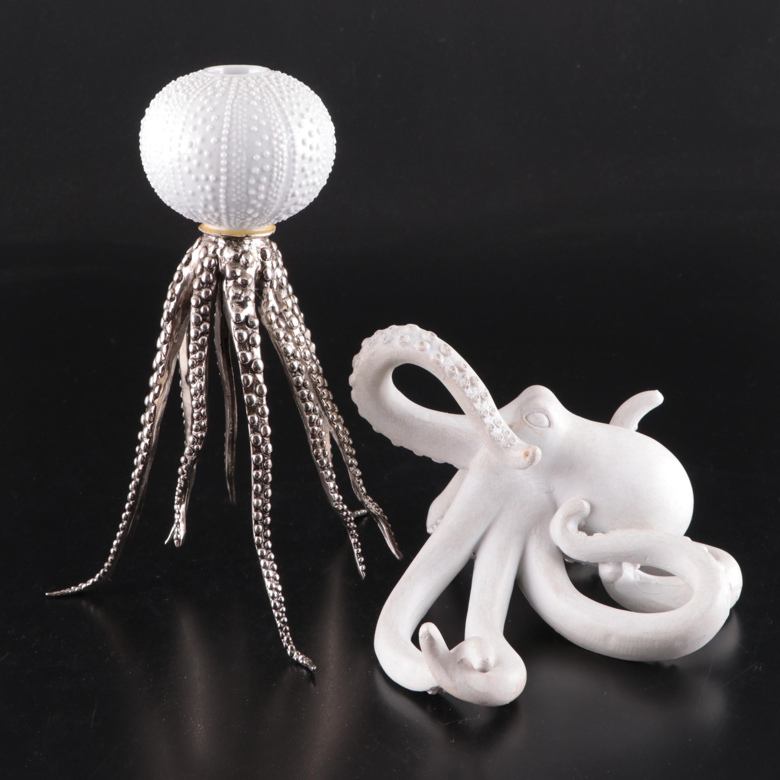 Asiatides "Octopus" Ceramic and Cast Metal Candle Holder with Octopus Sculpture