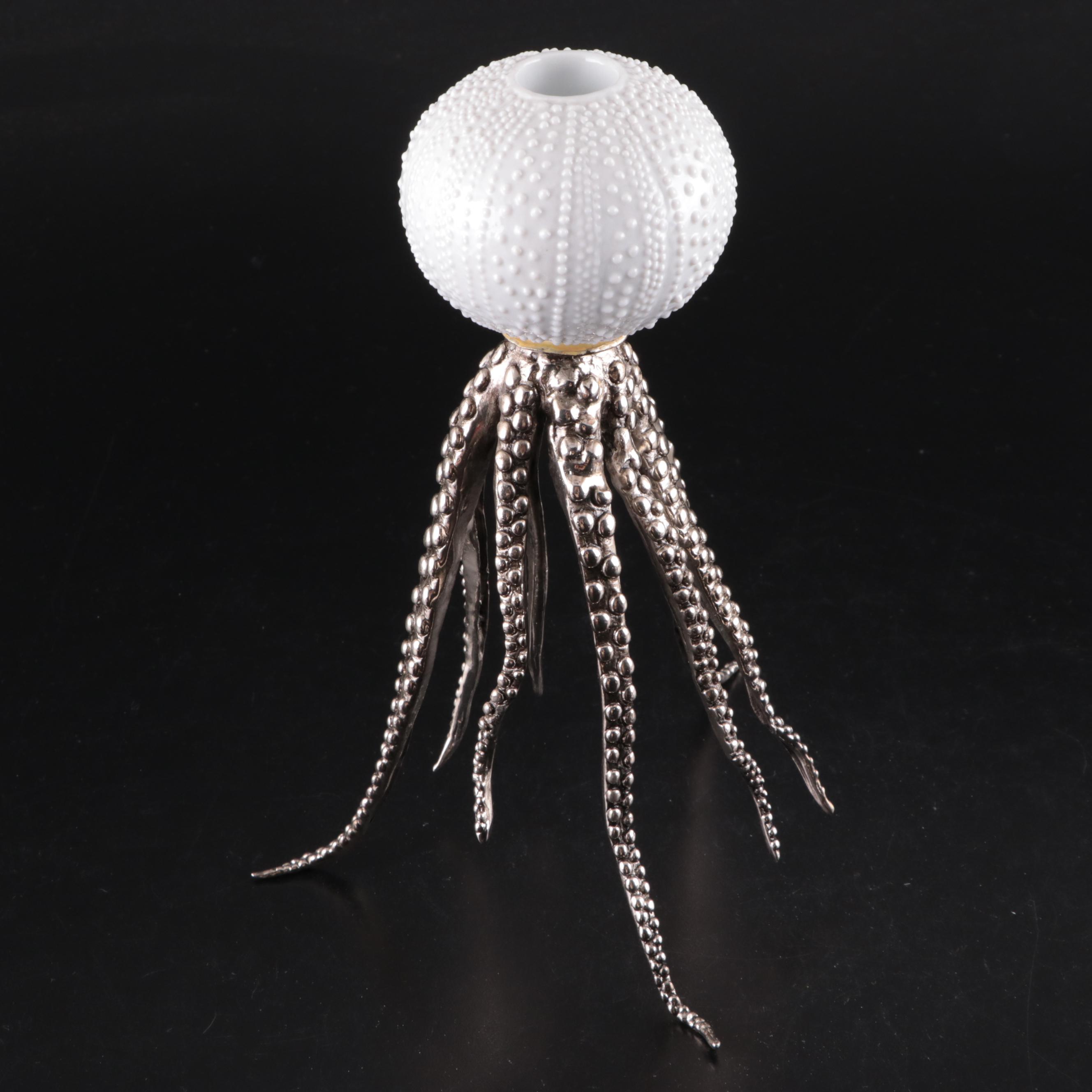 Asiatides "Octopus" Ceramic and Cast Metal Candle Holder with Octopus Sculpture