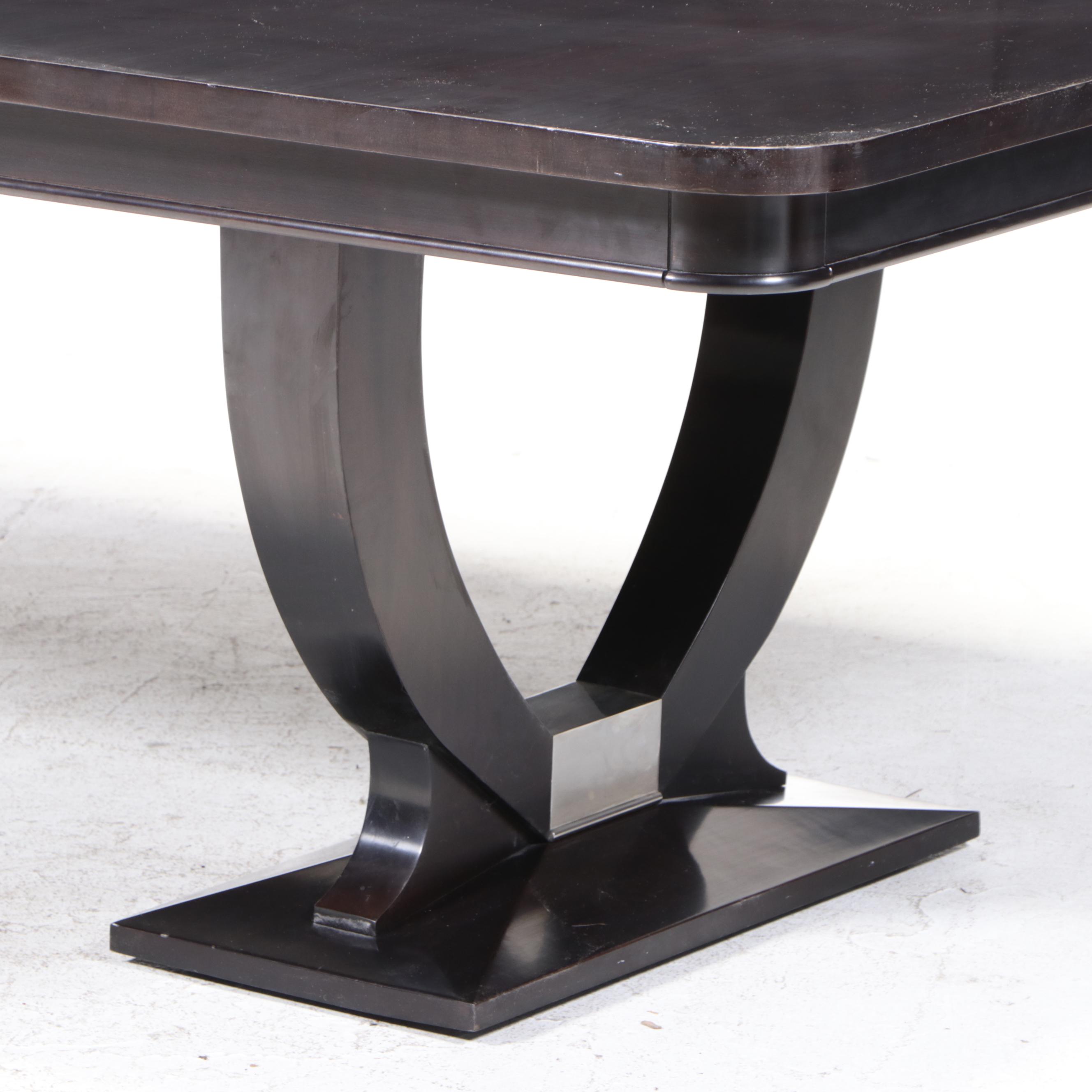 Contemporary Ebonized and Chromed Metal Double-Pedestal Extending Dining Table