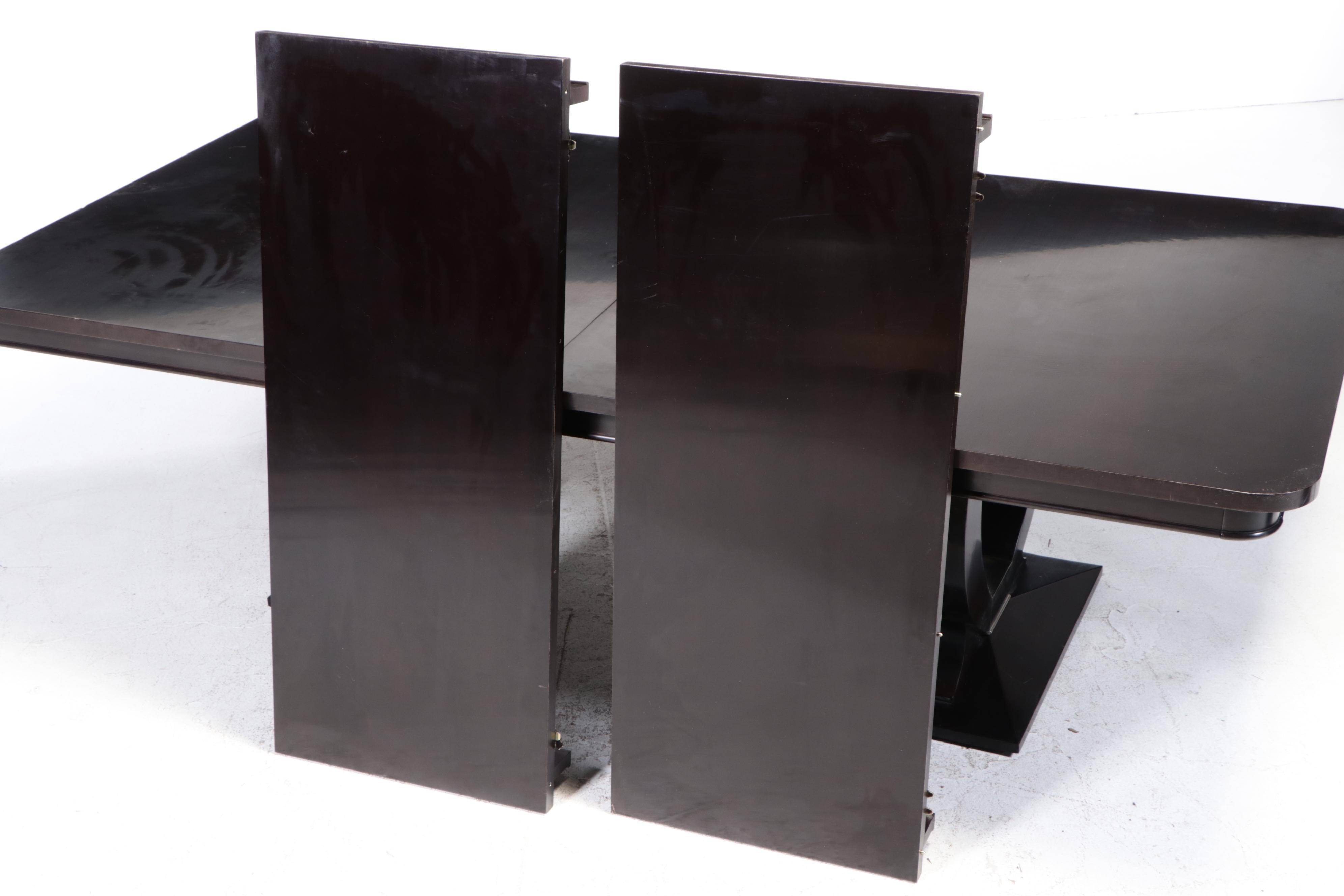 Contemporary Ebonized and Chromed Metal Double-Pedestal Extending Dining Table