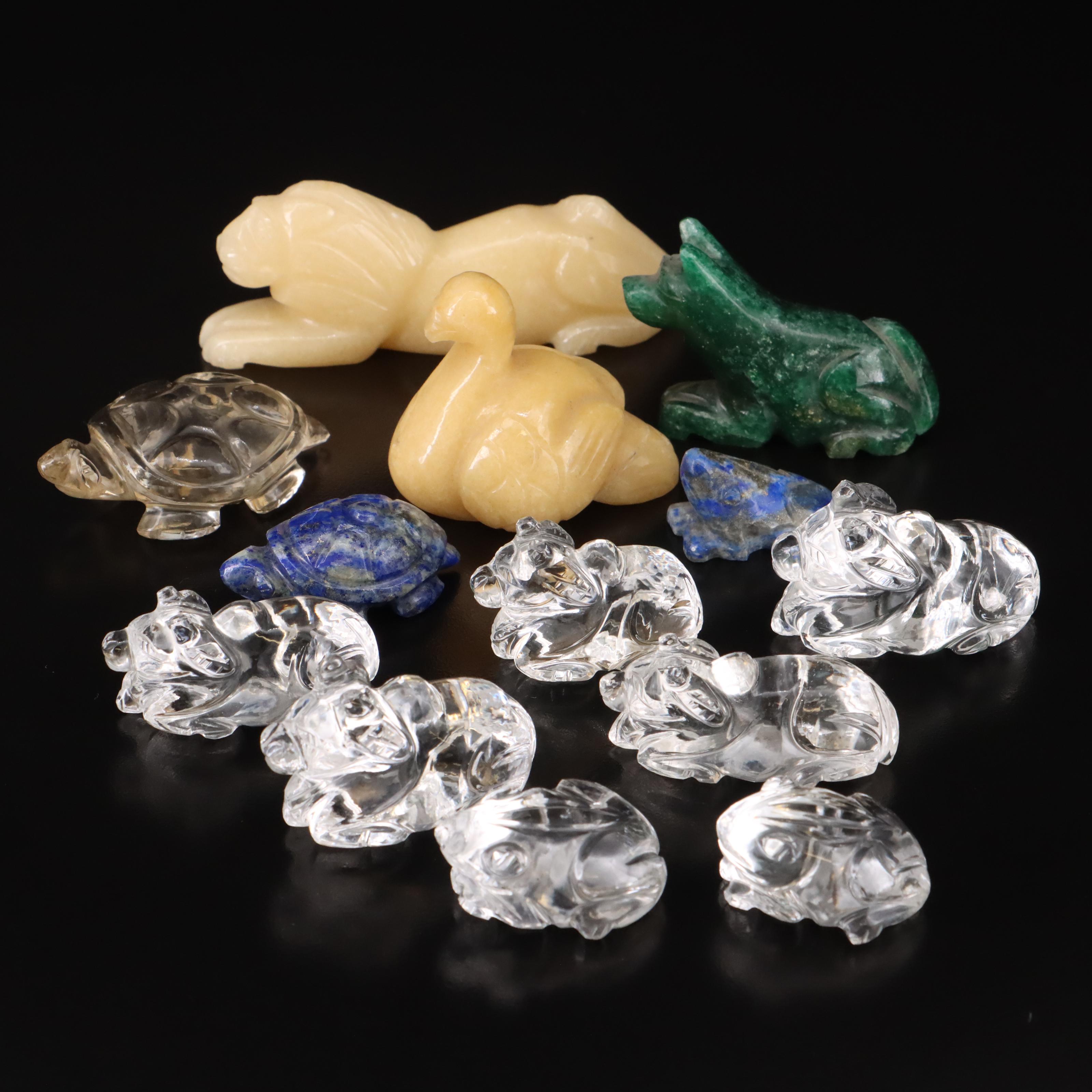 Gemstone Animal Figurines Including Swans, Lions and Turtles