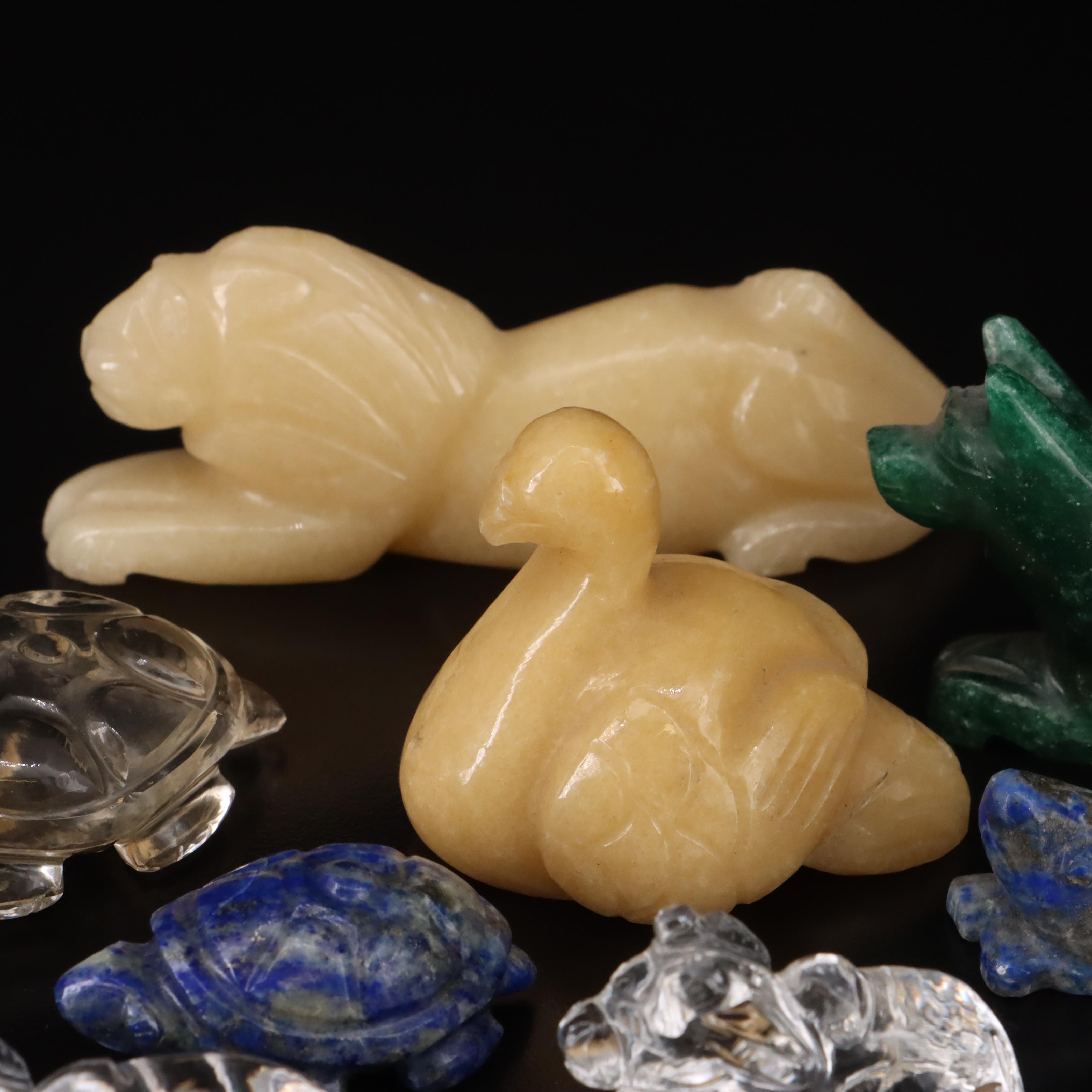 Gemstone Animal Figurines Including Swans, Lions and Turtles