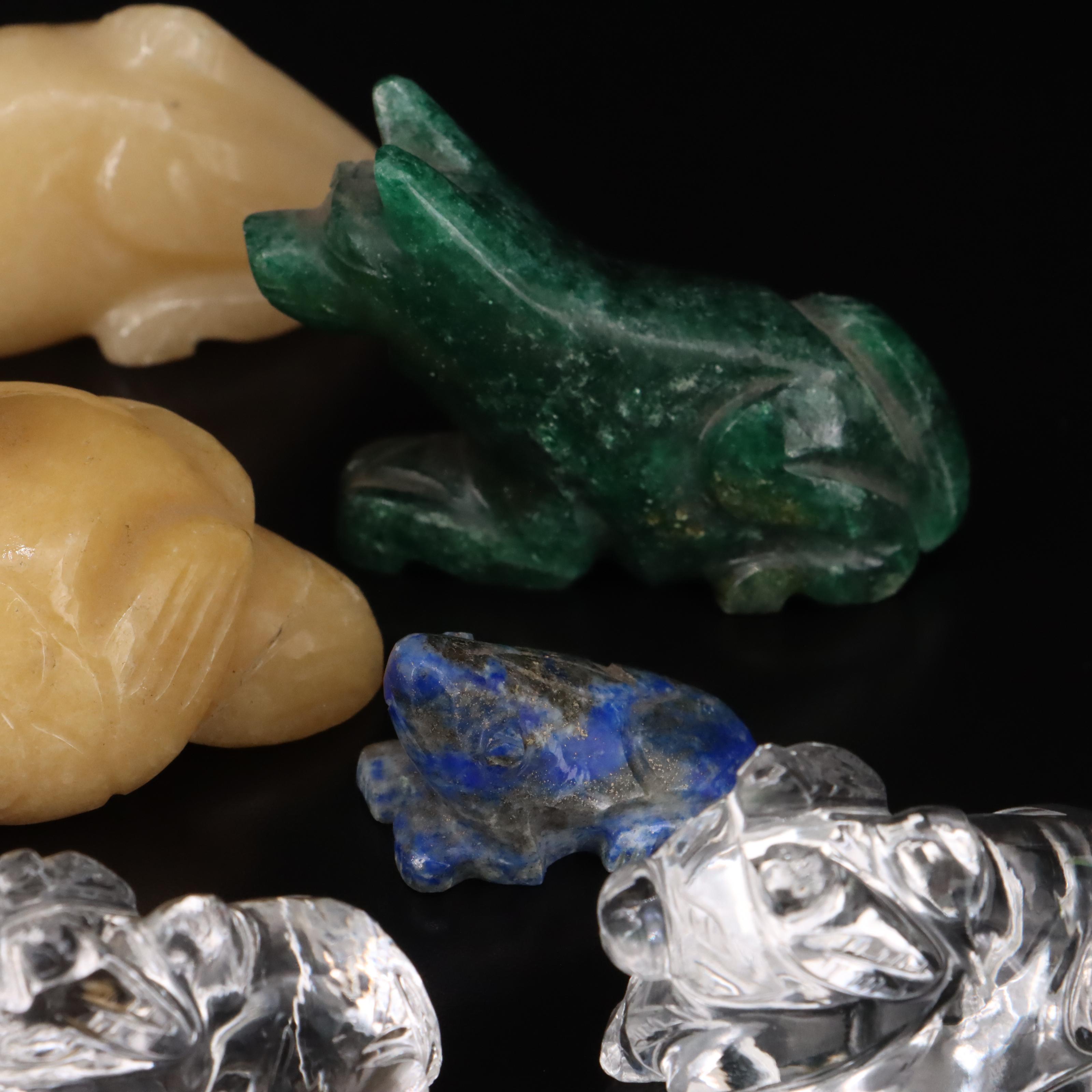 Gemstone Animal Figurines Including Swans, Lions and Turtles