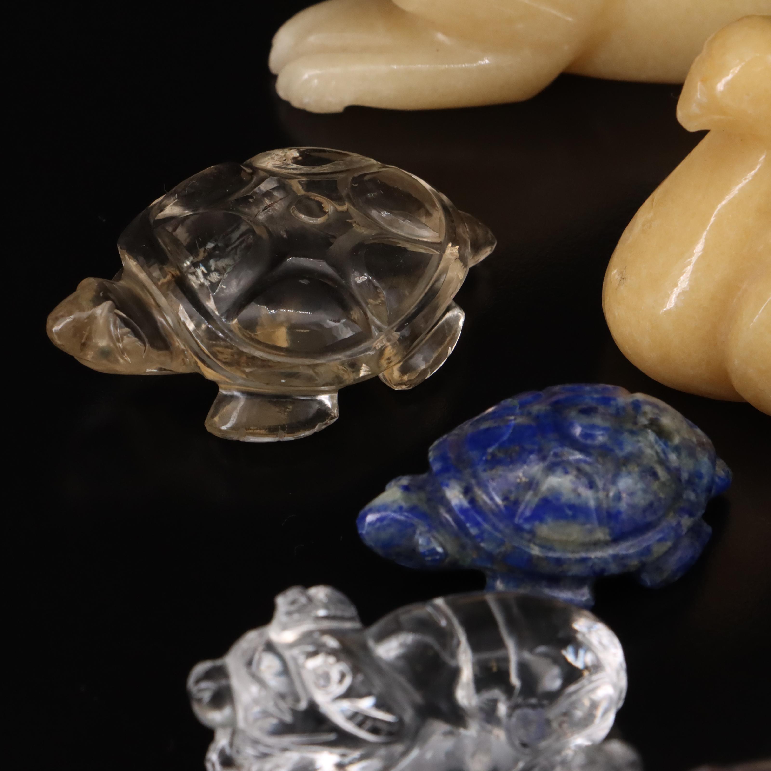 Gemstone Animal Figurines Including Swans, Lions and Turtles