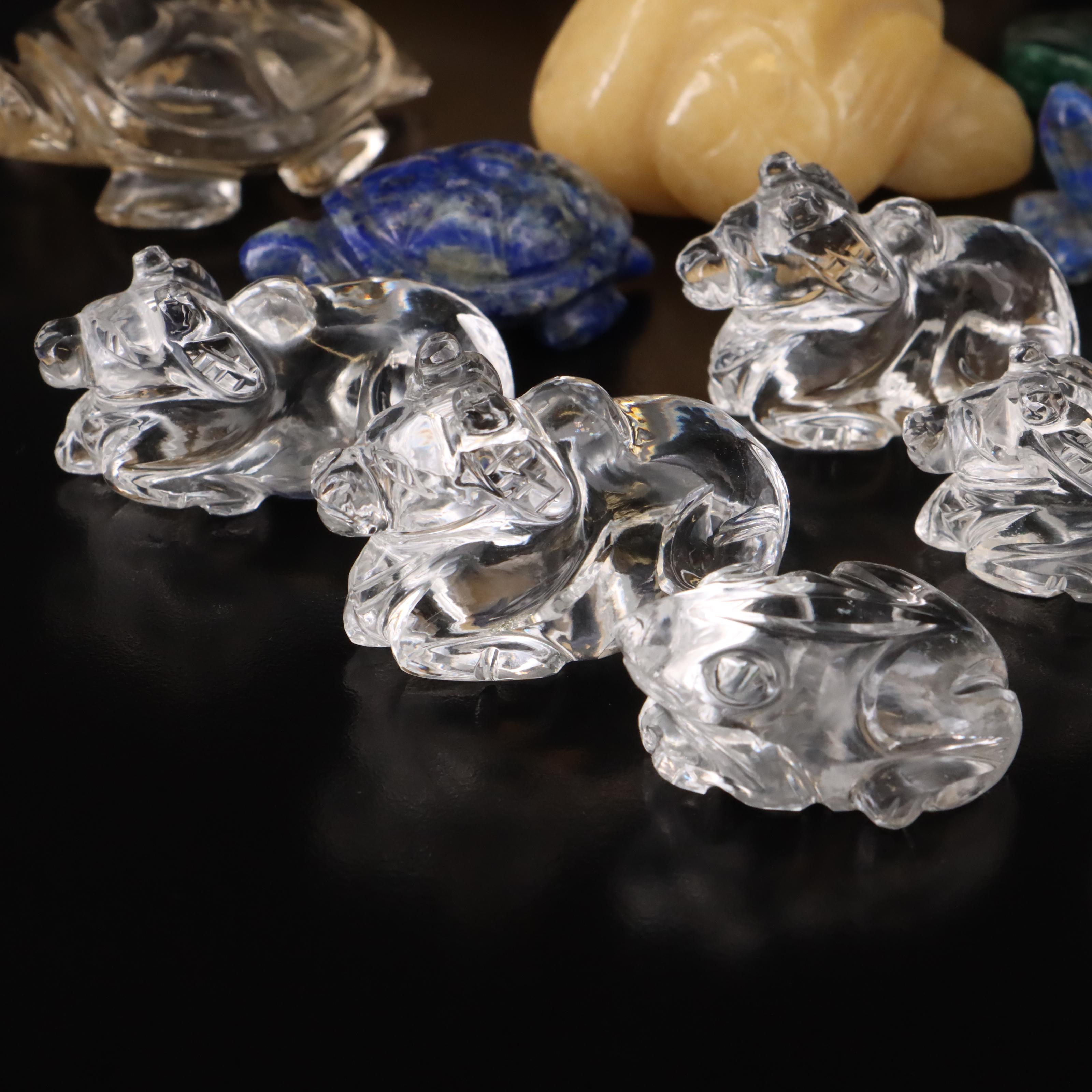 Gemstone Animal Figurines Including Swans, Lions and Turtles