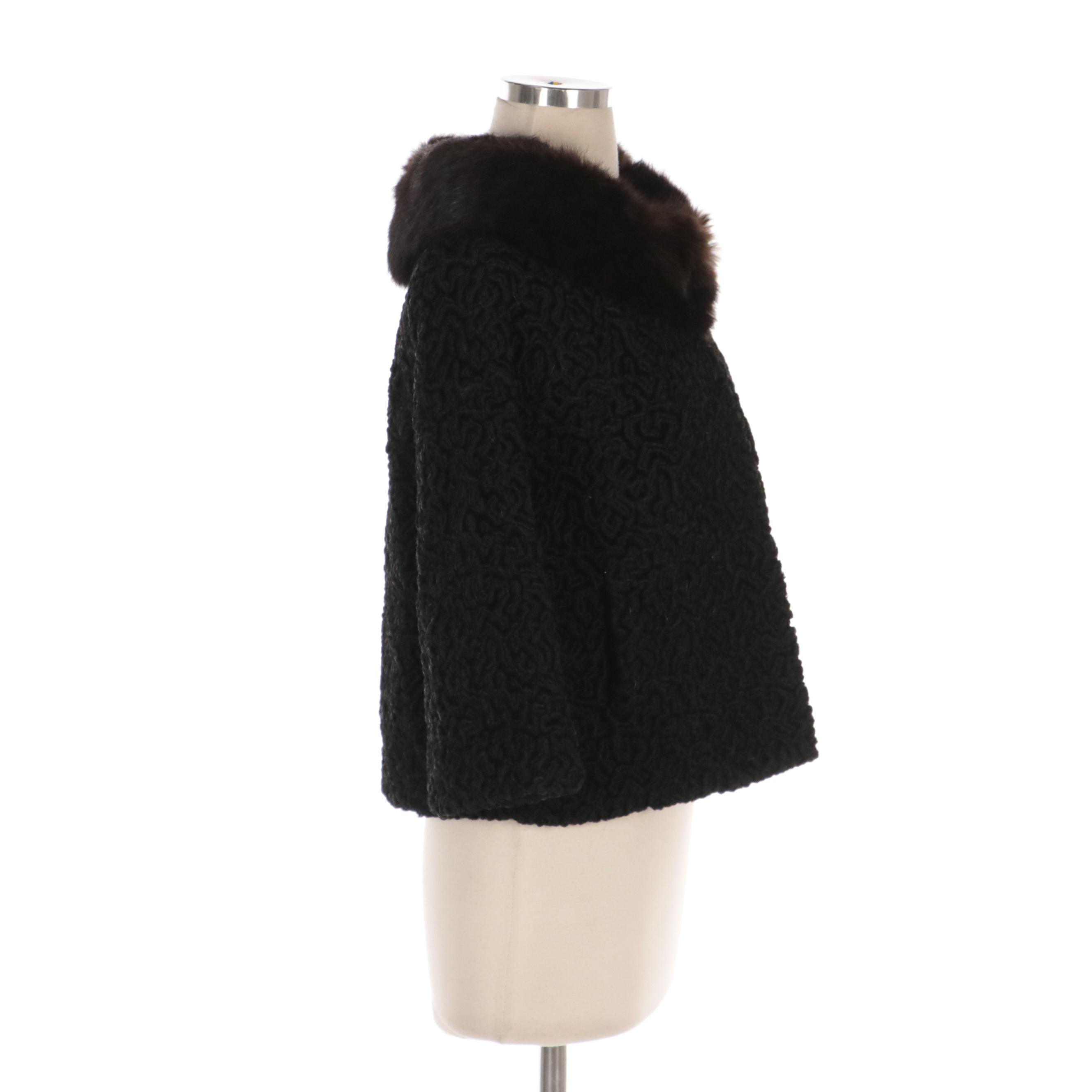 Black Faux Persian Lamb Fur Coat with Marten Fur Collar
