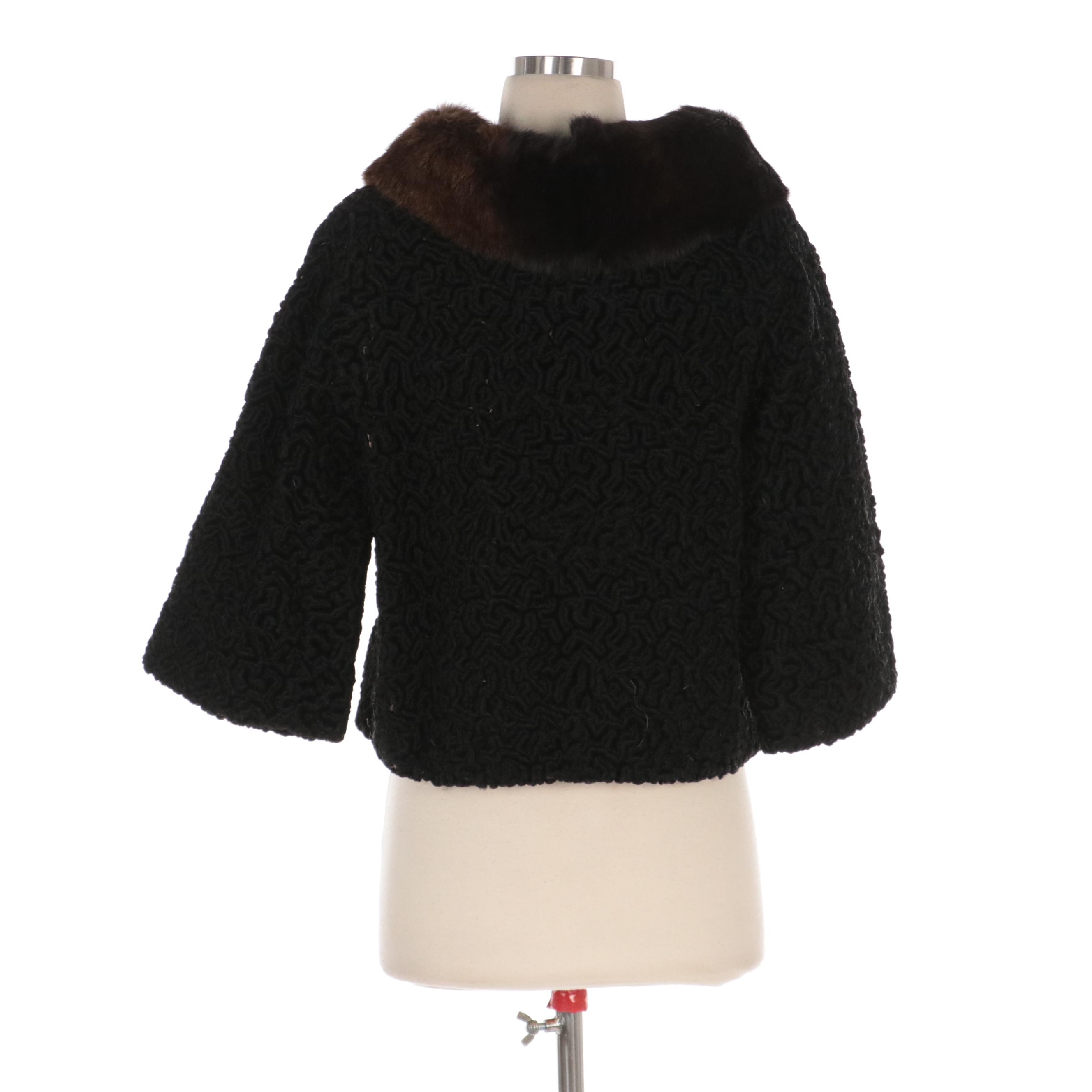 Black Faux Persian Lamb Fur Coat with Marten Fur Collar