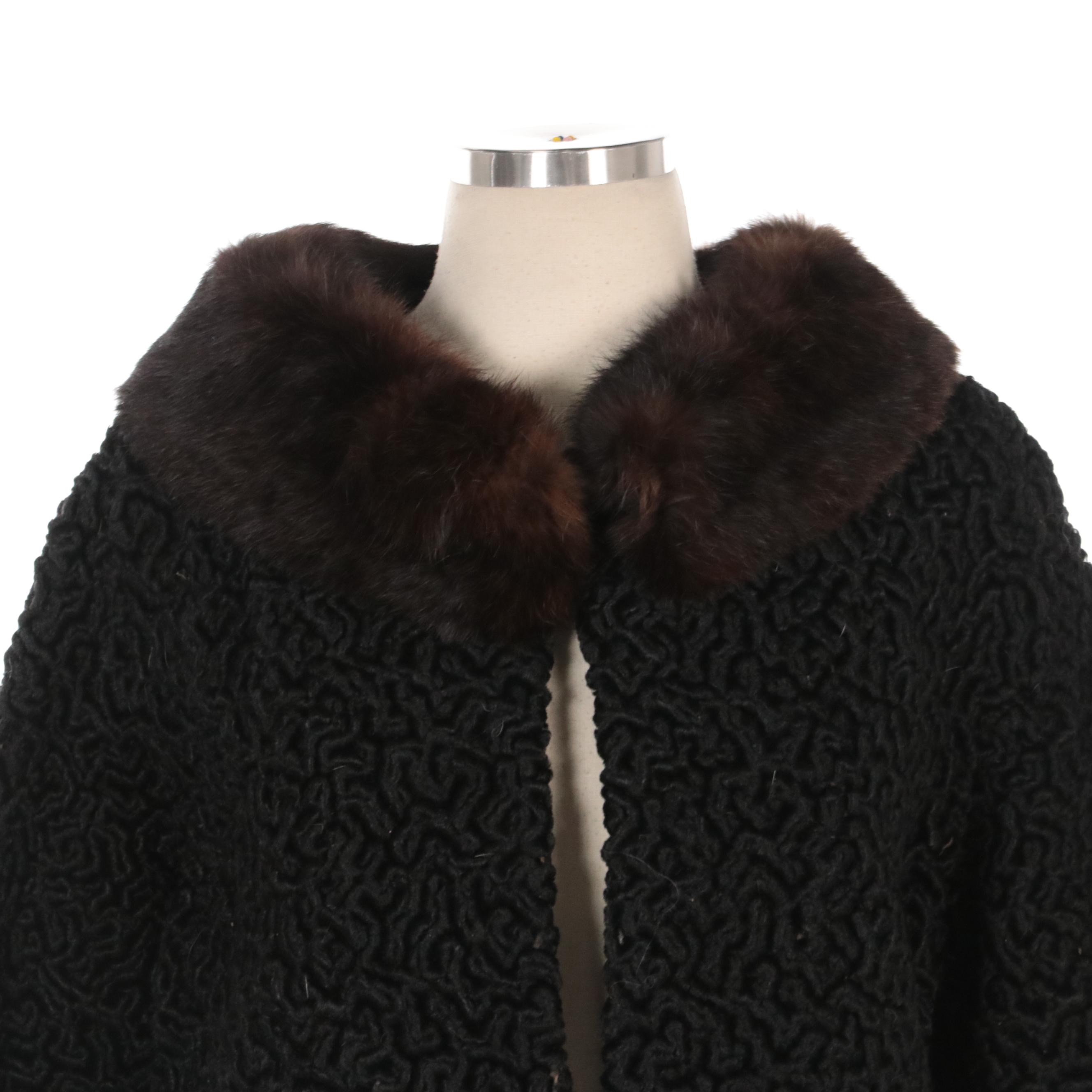 Black Faux Persian Lamb Fur Coat with Marten Fur Collar
