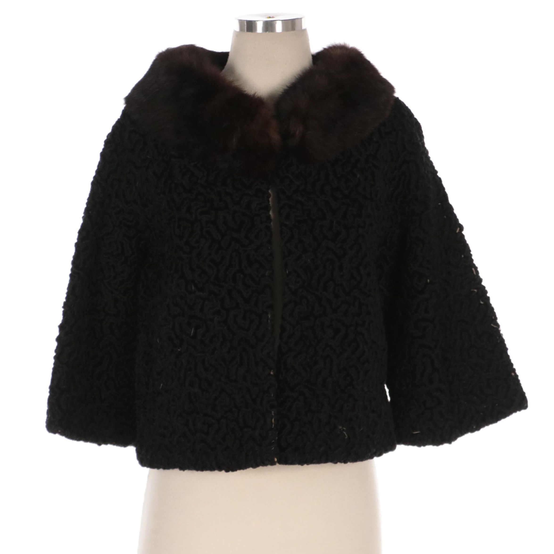 Black Faux Persian Lamb Fur Coat with Marten Fur Collar