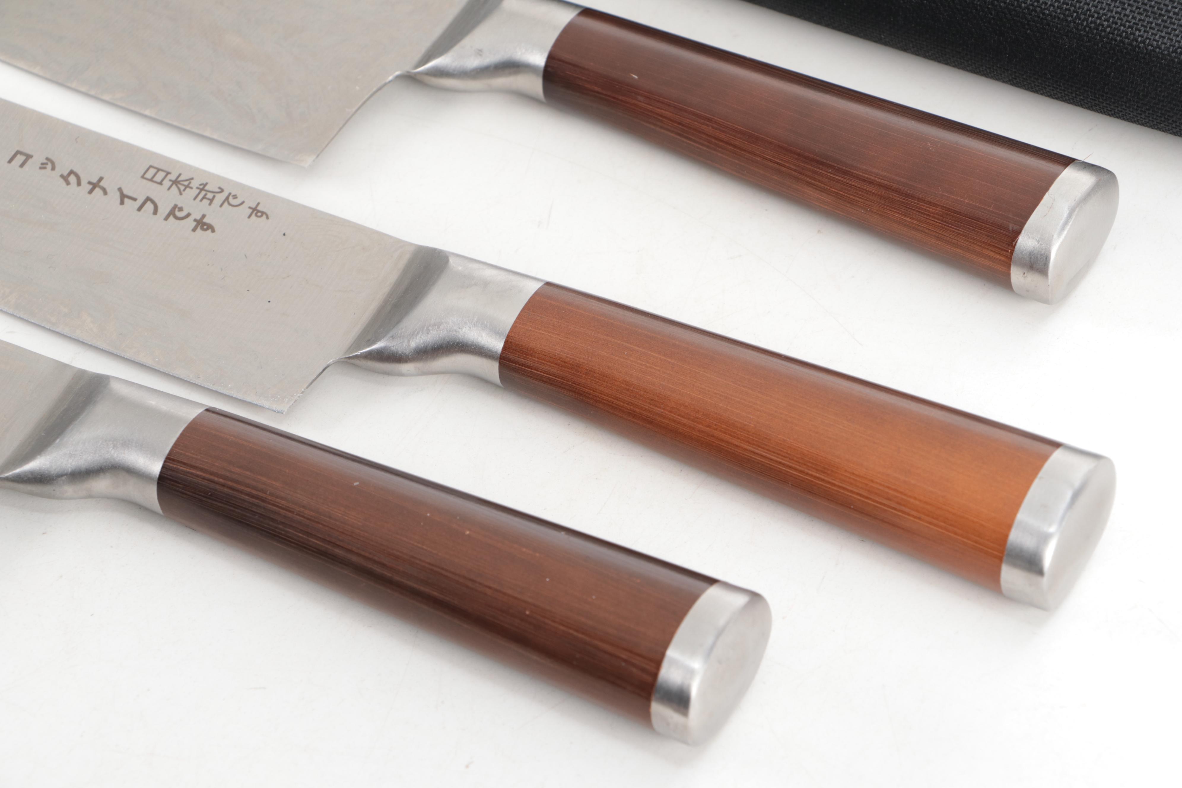 Japanese Four-Piece Chef's Knife and Cleaver Set in Nylon Roll Case