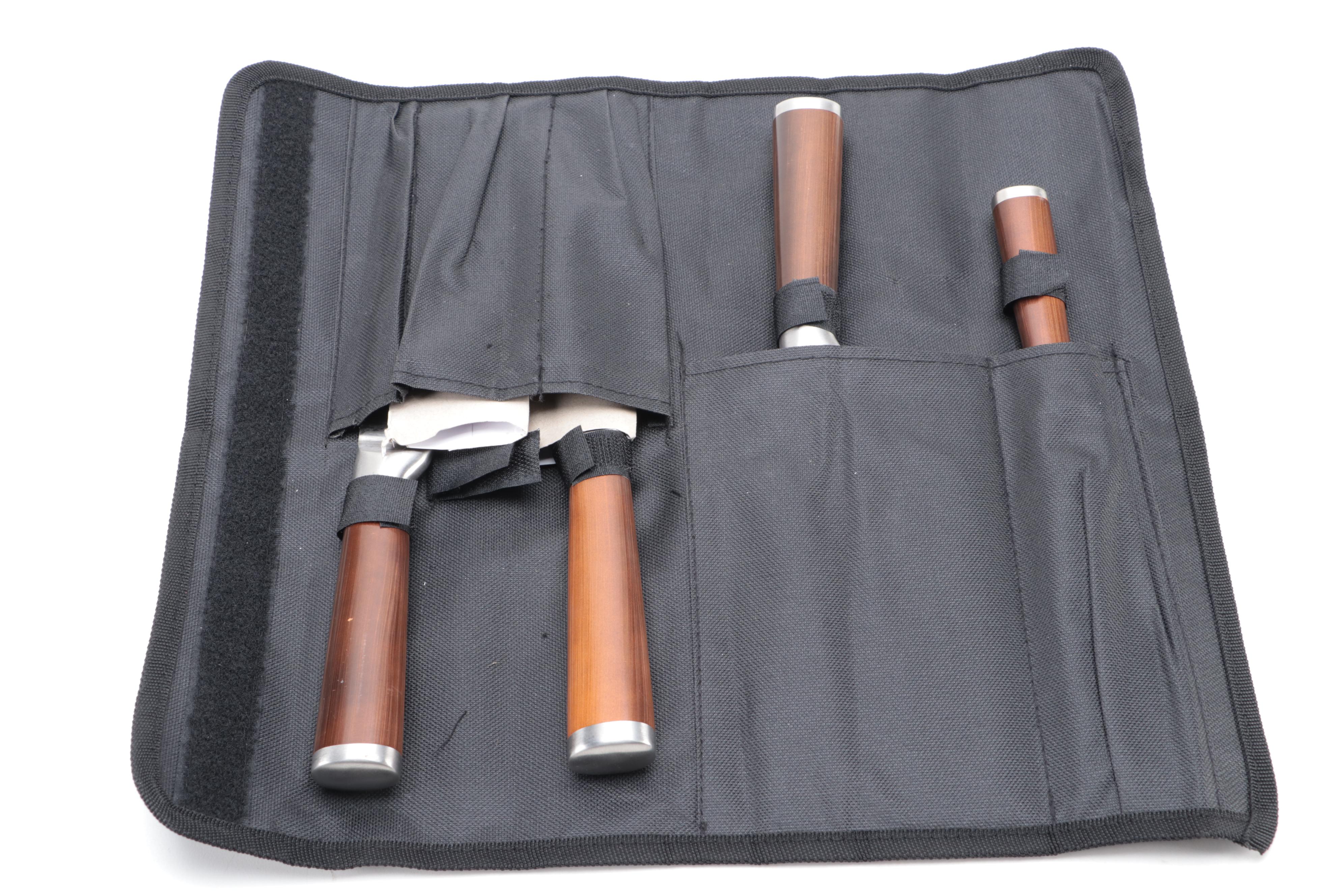 Japanese Four-Piece Chef's Knife and Cleaver Set in Nylon Roll Case