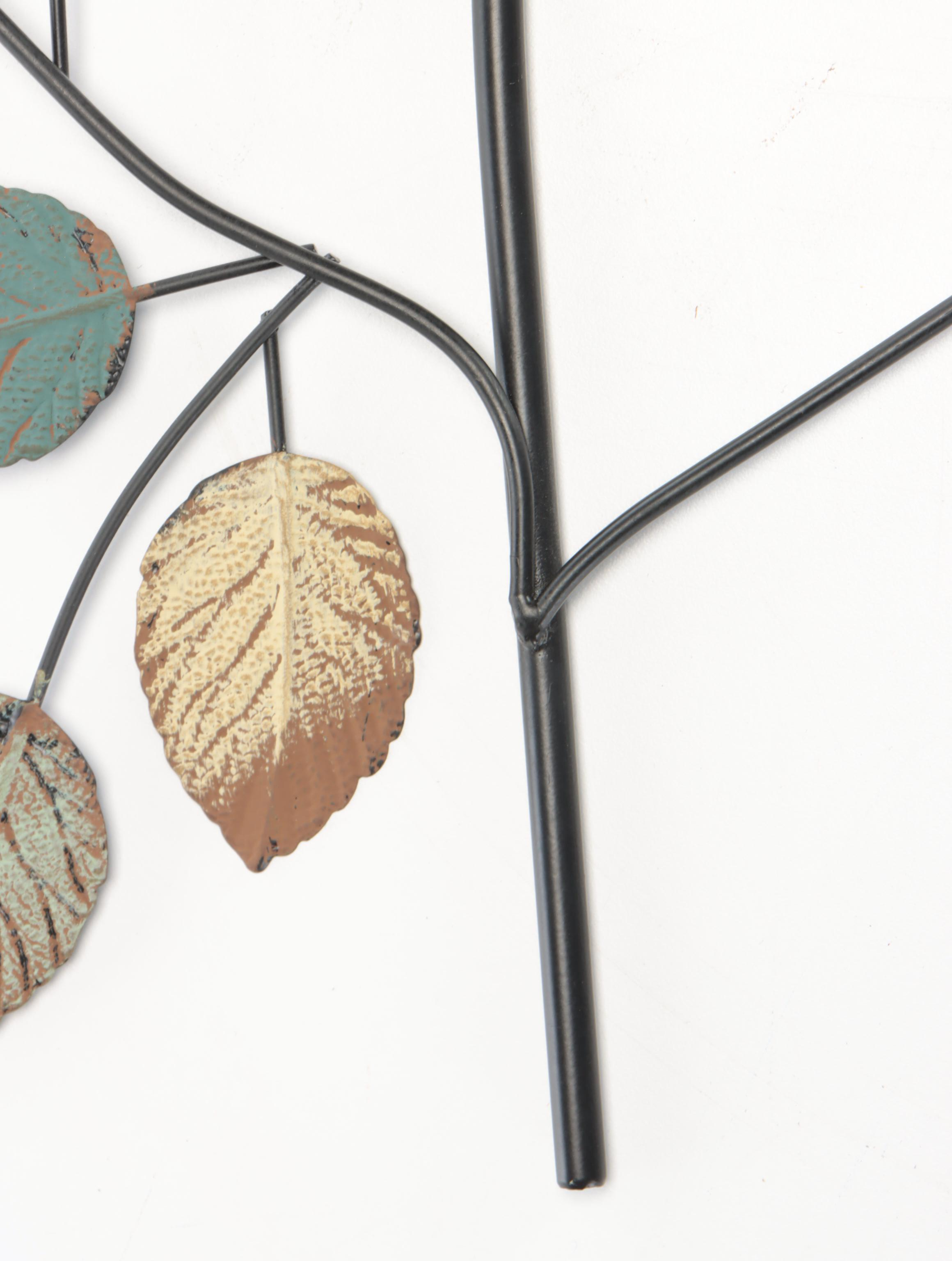 Abstract Metal Circle Wall Hanging Sculpture With Metal Leafy Branch