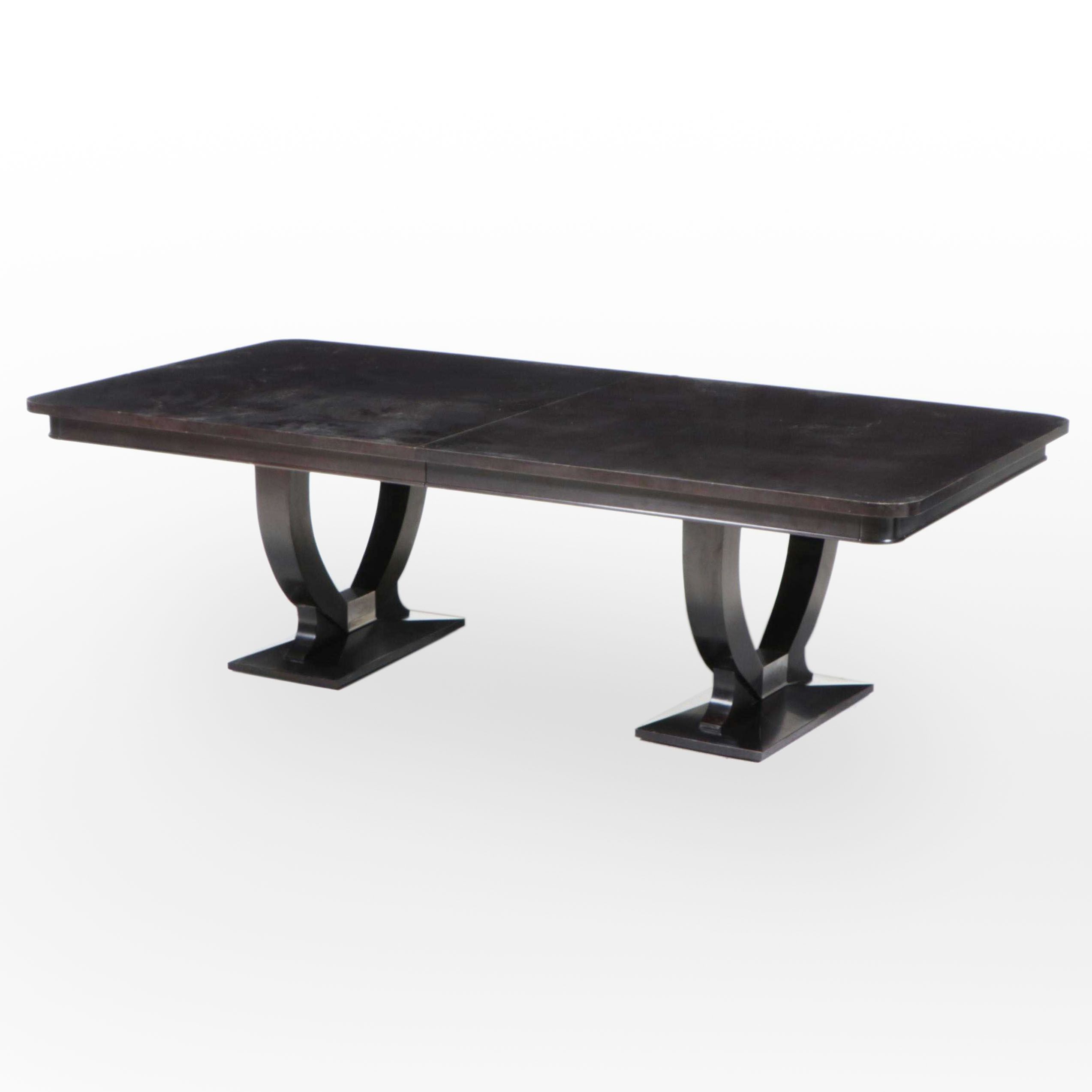 Contemporary Ebonized and Chromed Metal Double-Pedestal Extending Dining Table