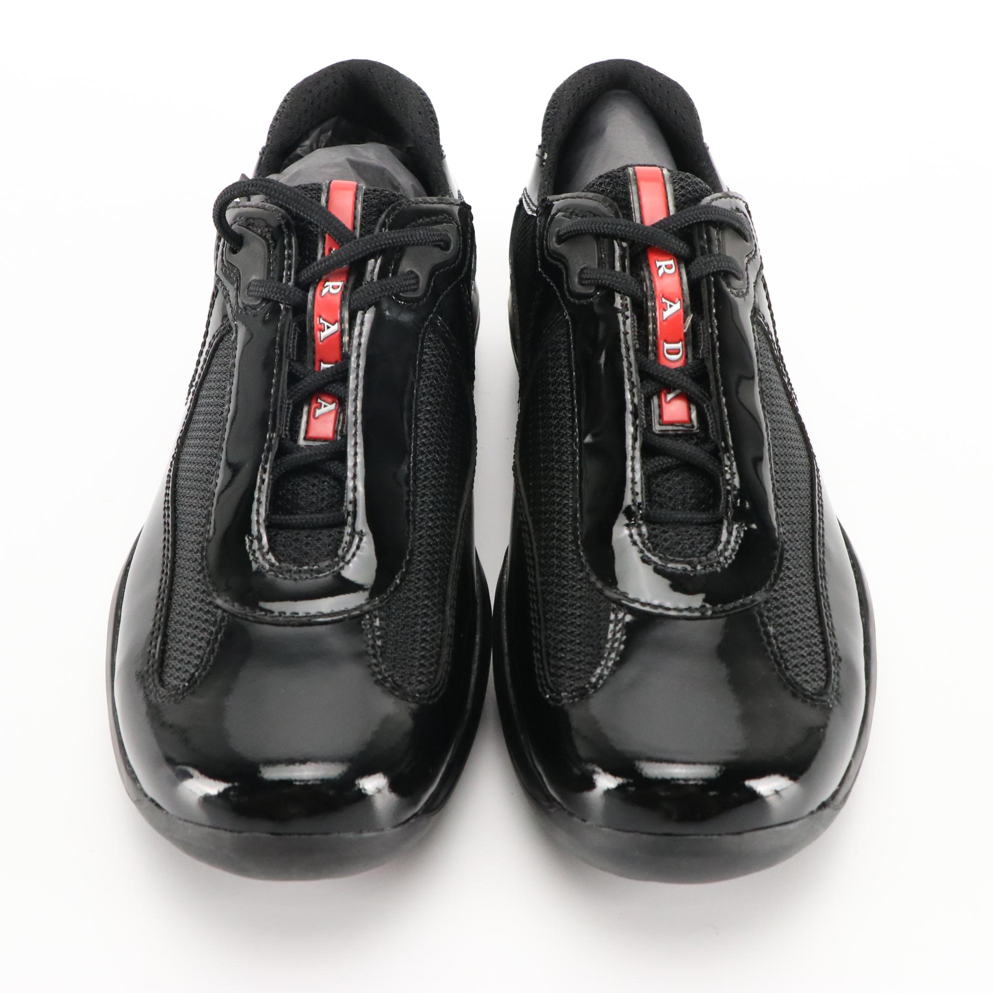 Prada America's Cup Vernice Bike Nero Patent Leather and Nylon Lace-Up Sneakers