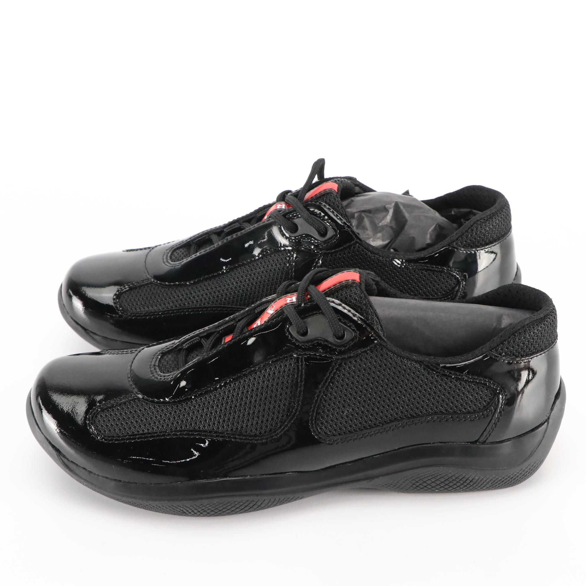 Prada America's Cup Vernice Bike Nero Patent Leather and Nylon Lace-Up Sneakers