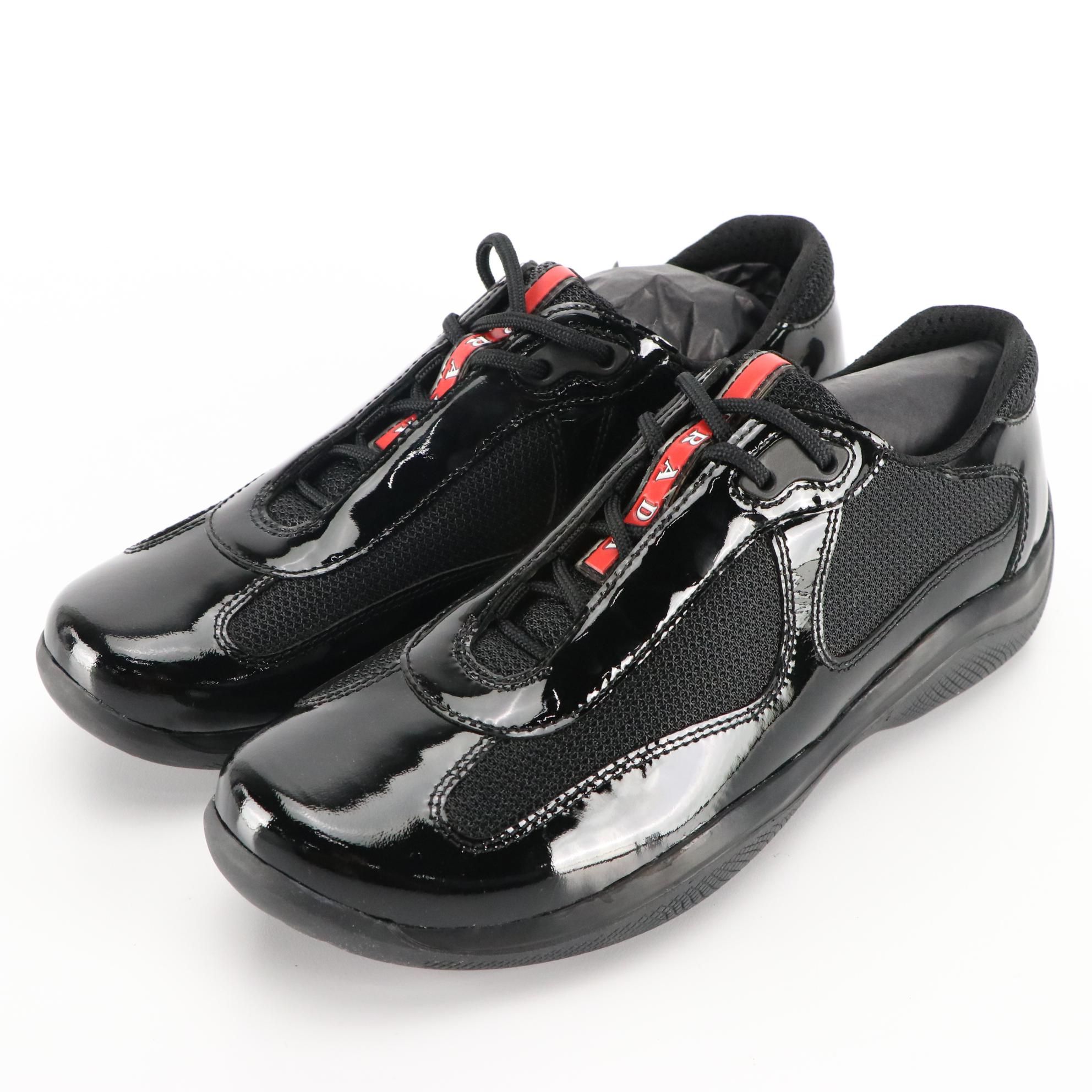 Prada America's Cup Vernice Bike Nero Patent Leather and Nylon Lace-Up Sneakers