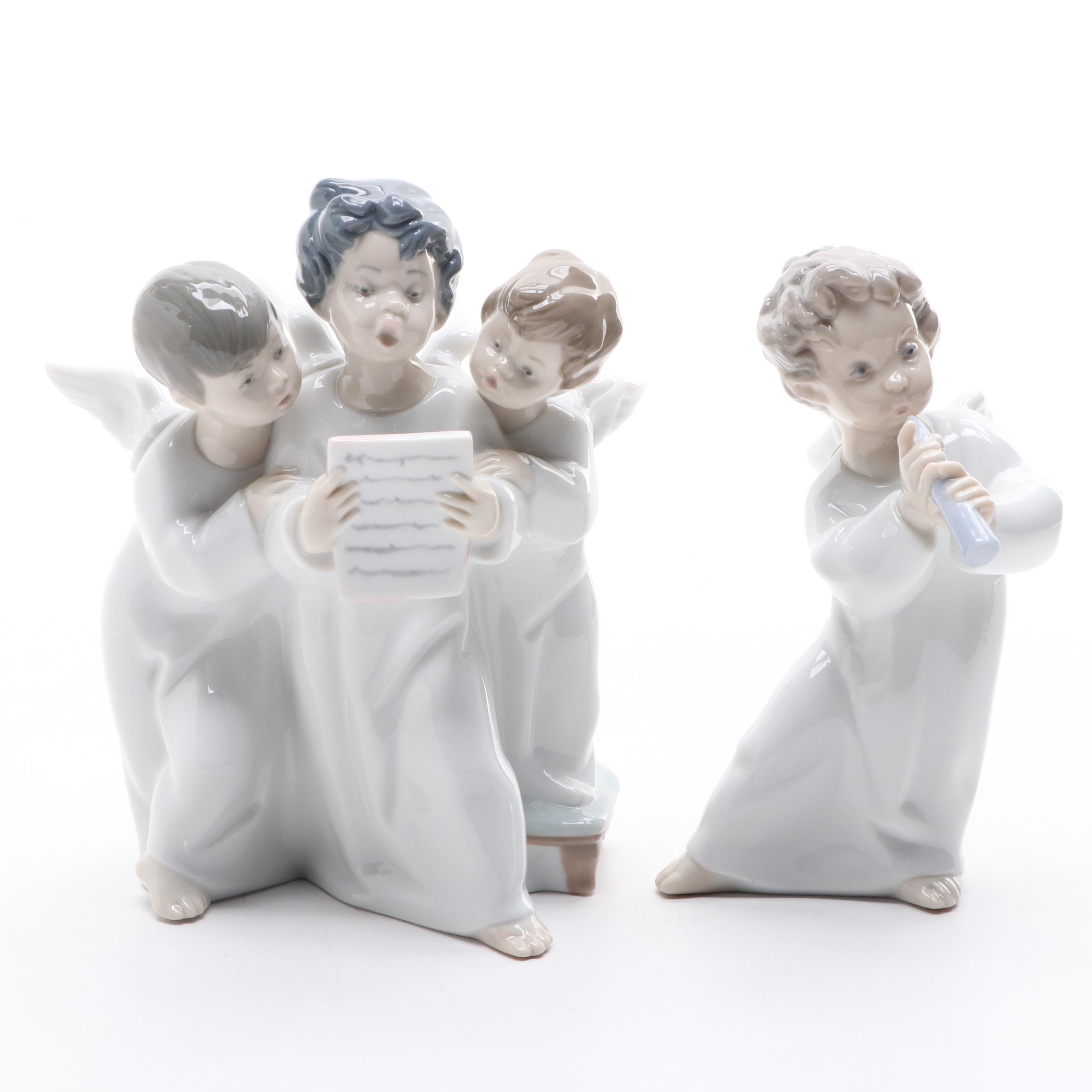 Lladró "Angels Group" and "Angel with Flute" Porcelain Figurines