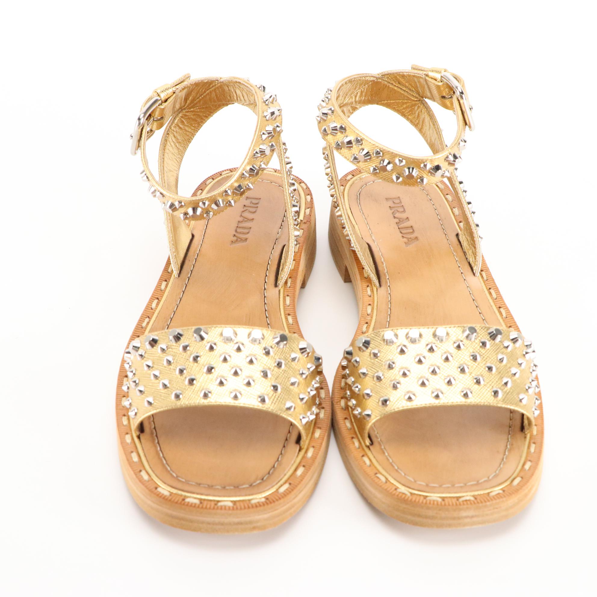 Prada Studded Gold Saffiano Leather Sandals from Barneys New York, New in Box