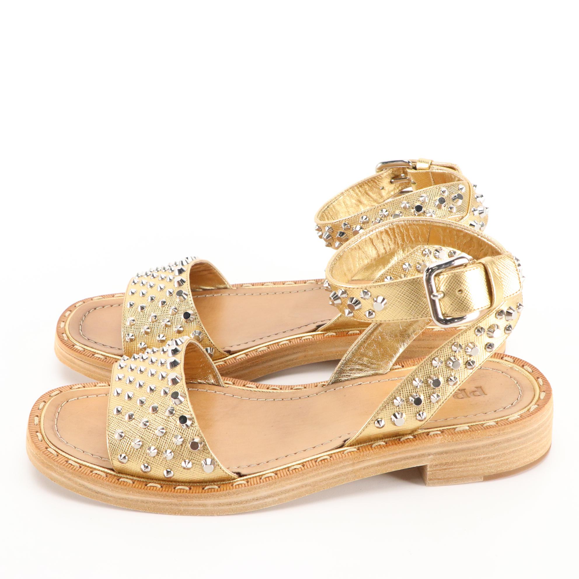 Prada Studded Gold Saffiano Leather Sandals from Barneys New York, New in Box