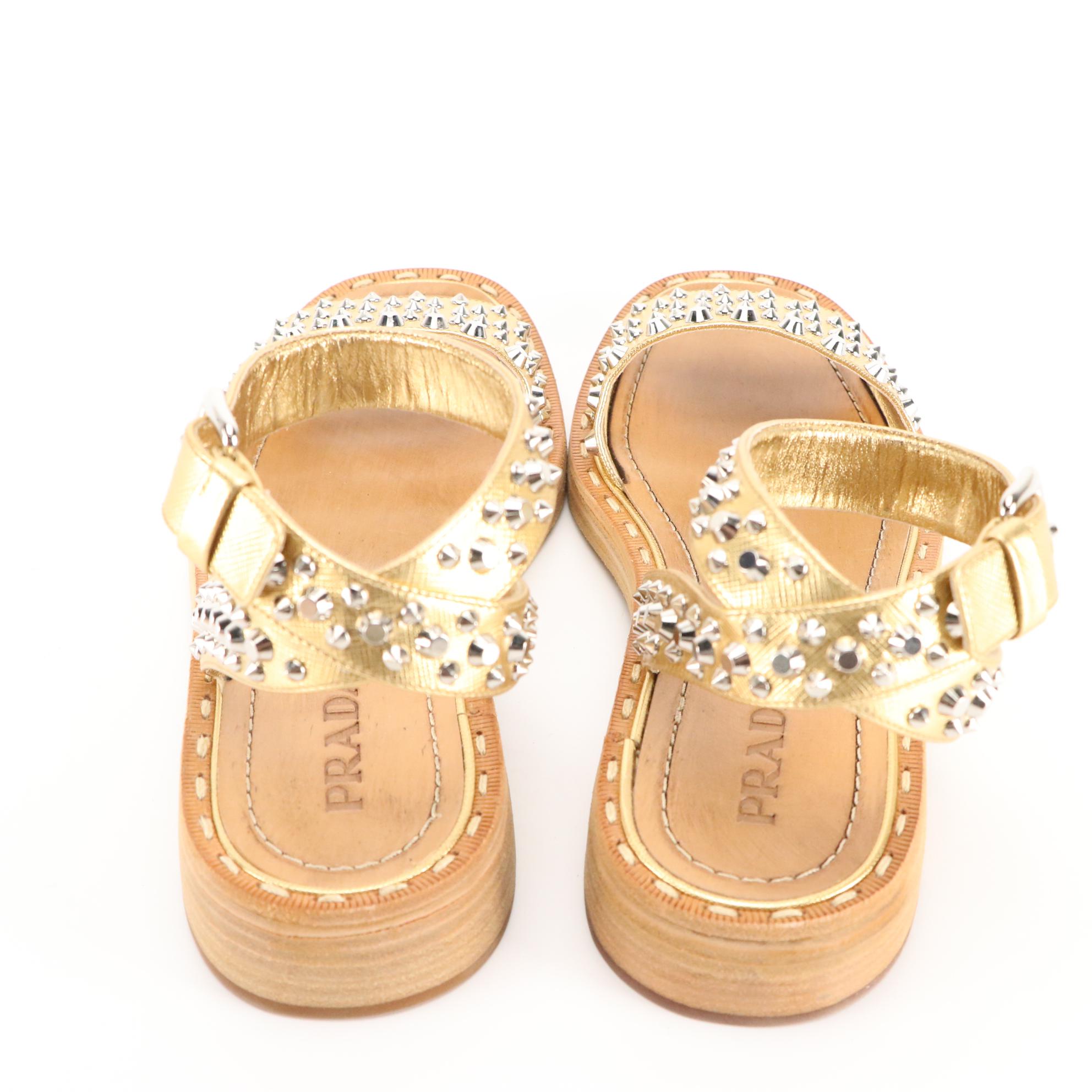 Prada Studded Gold Saffiano Leather Sandals from Barneys New York, New in Box