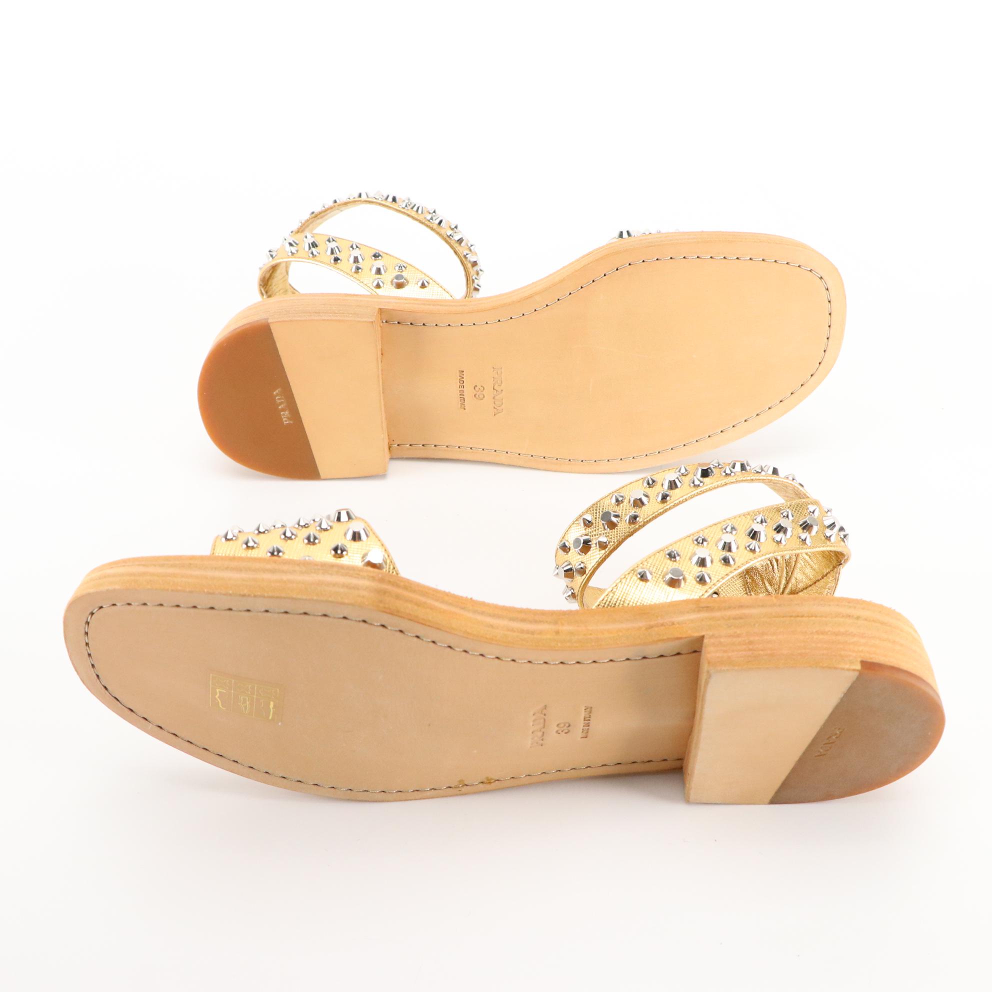 Prada Studded Gold Saffiano Leather Sandals from Barneys New York, New in Box