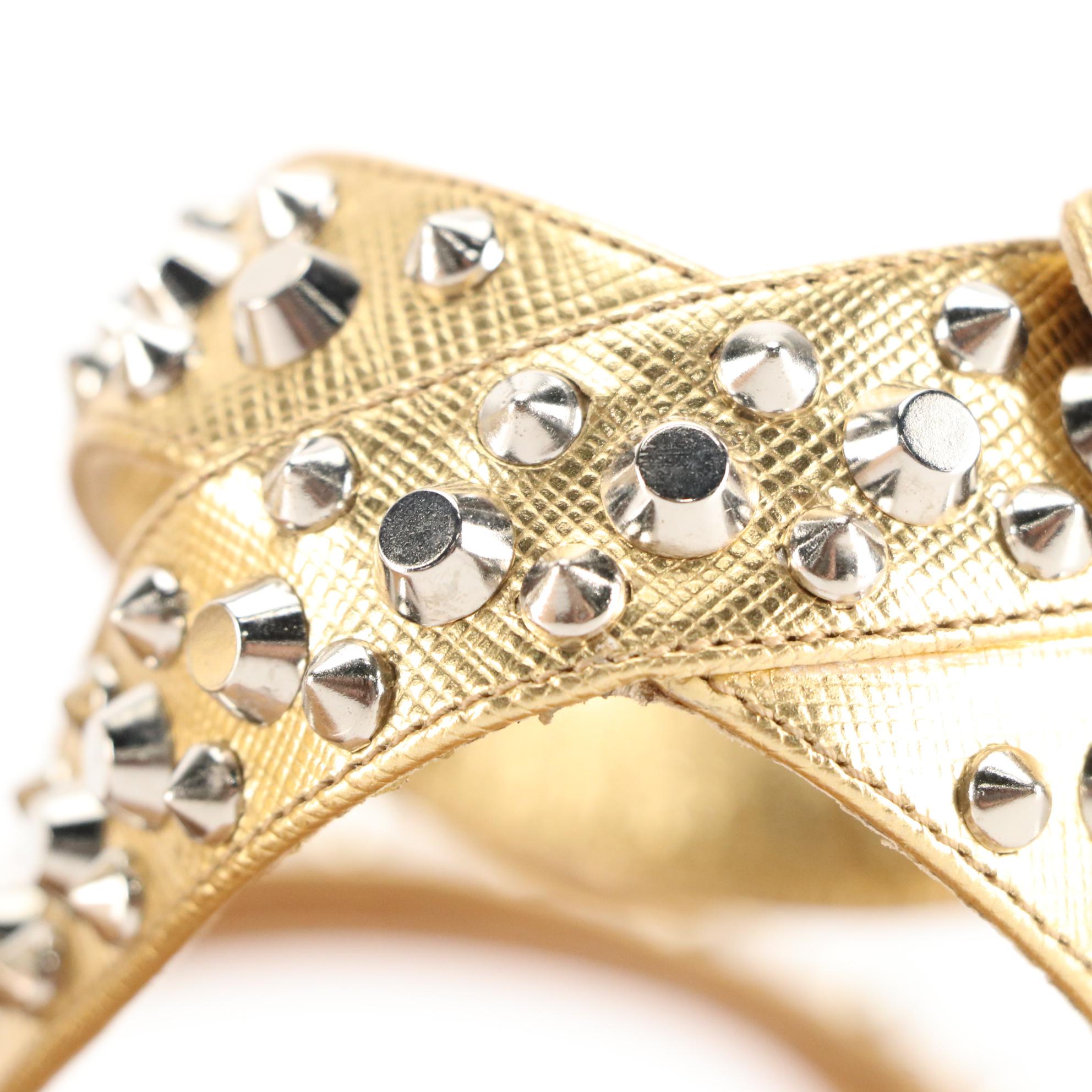 Prada Studded Gold Saffiano Leather Sandals from Barneys New York, New in Box