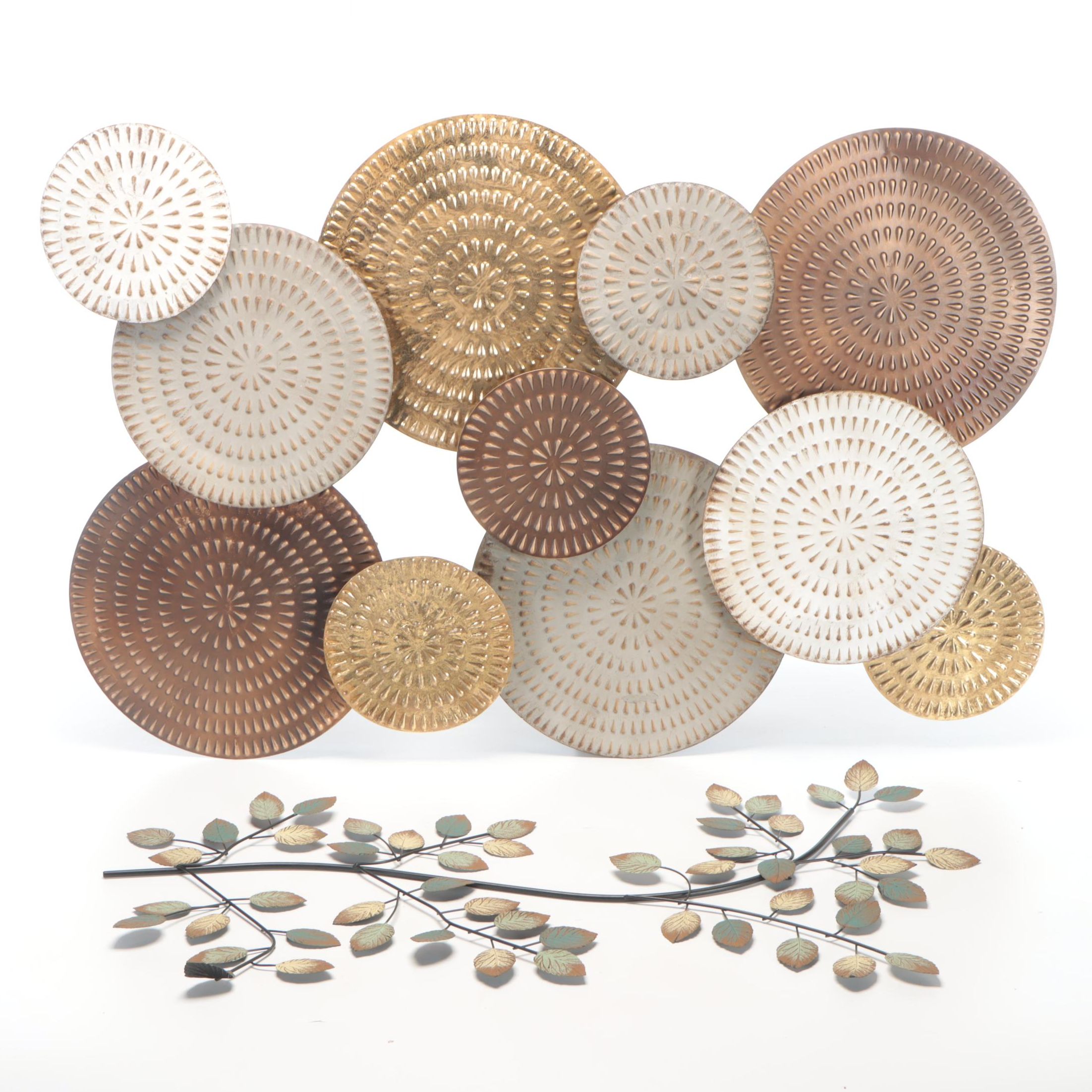 Abstract Metal Circle Wall Hanging Sculpture With Metal Leafy Branch