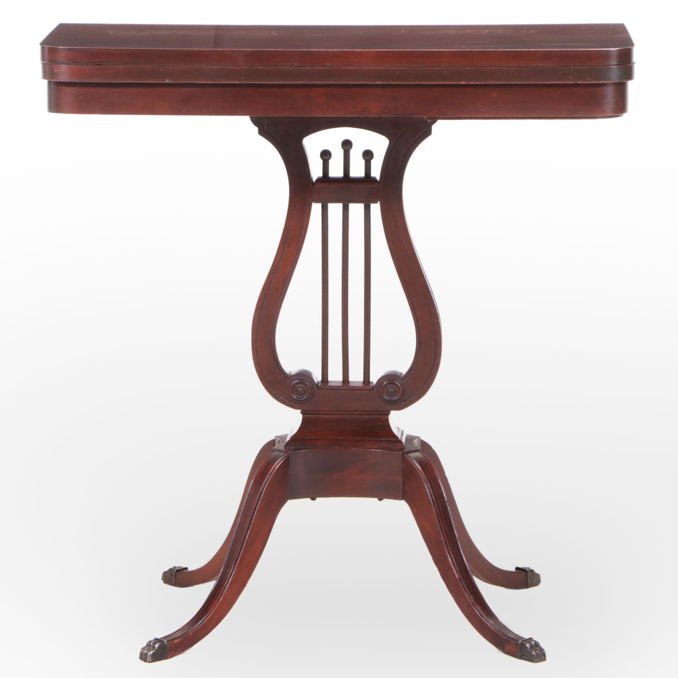 Duncan Phyfe Style Mahogany Lyre Base Twist Top Games Table