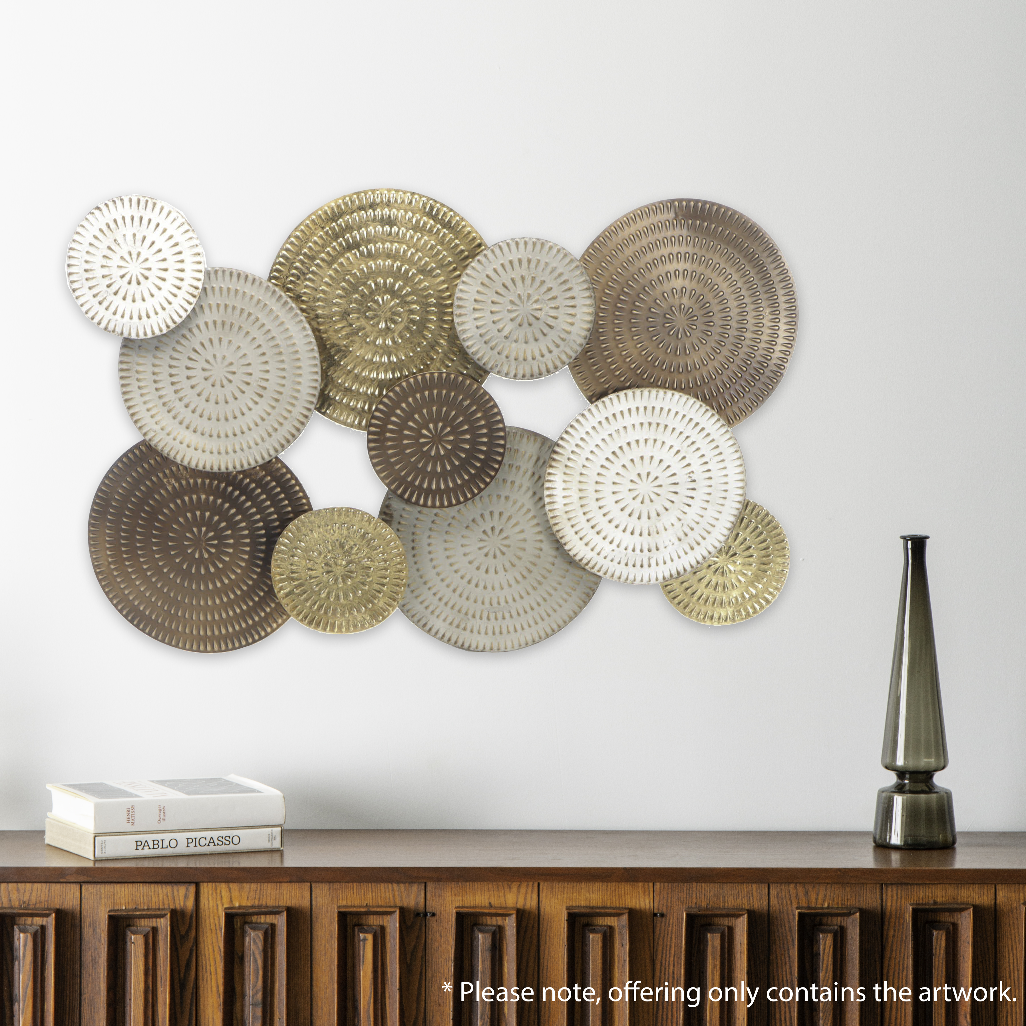 Abstract Metal Circle Wall Hanging Sculpture With Metal Leafy Branch