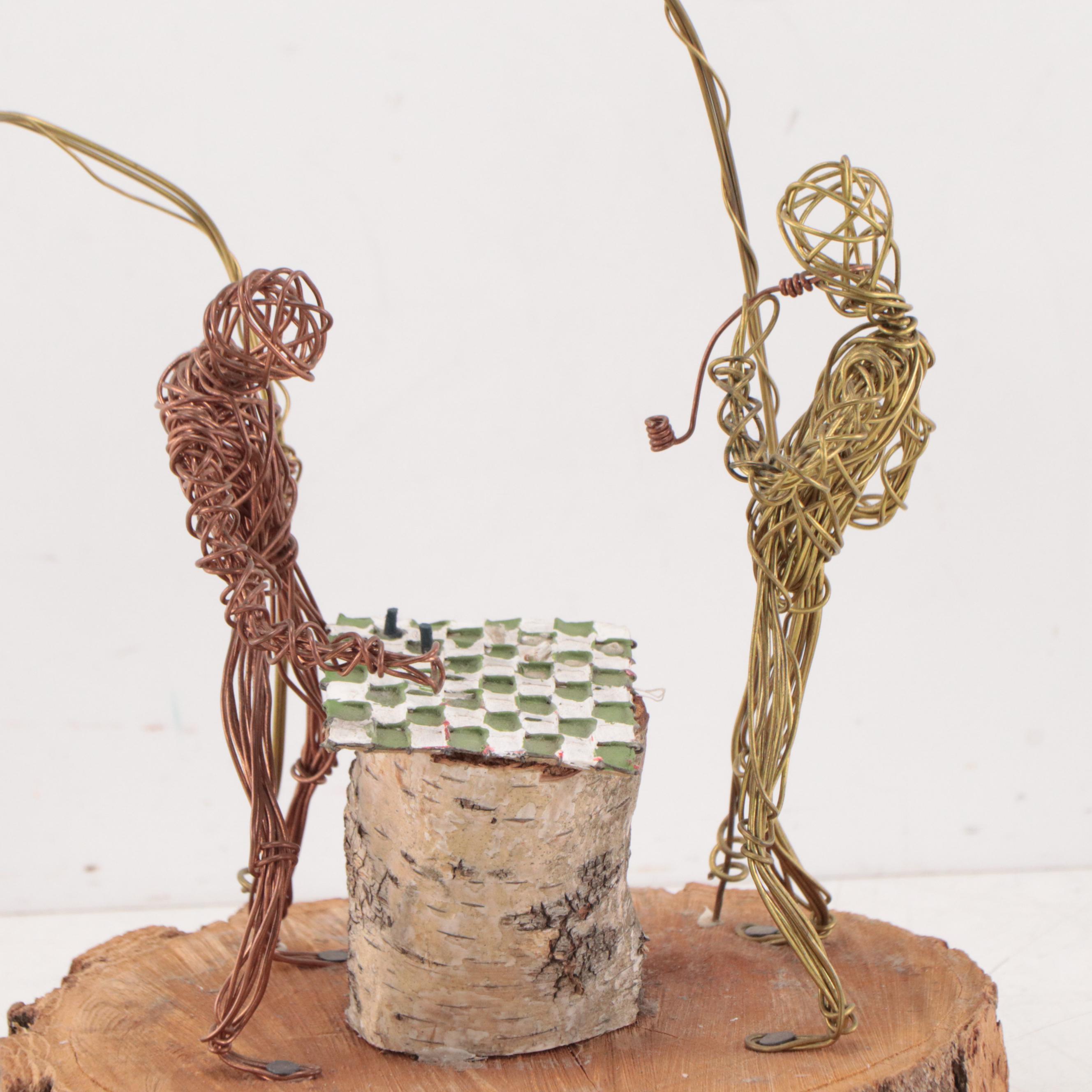 Rustic Wood and Wire Sculpture of Figures Playing Chess, 1999