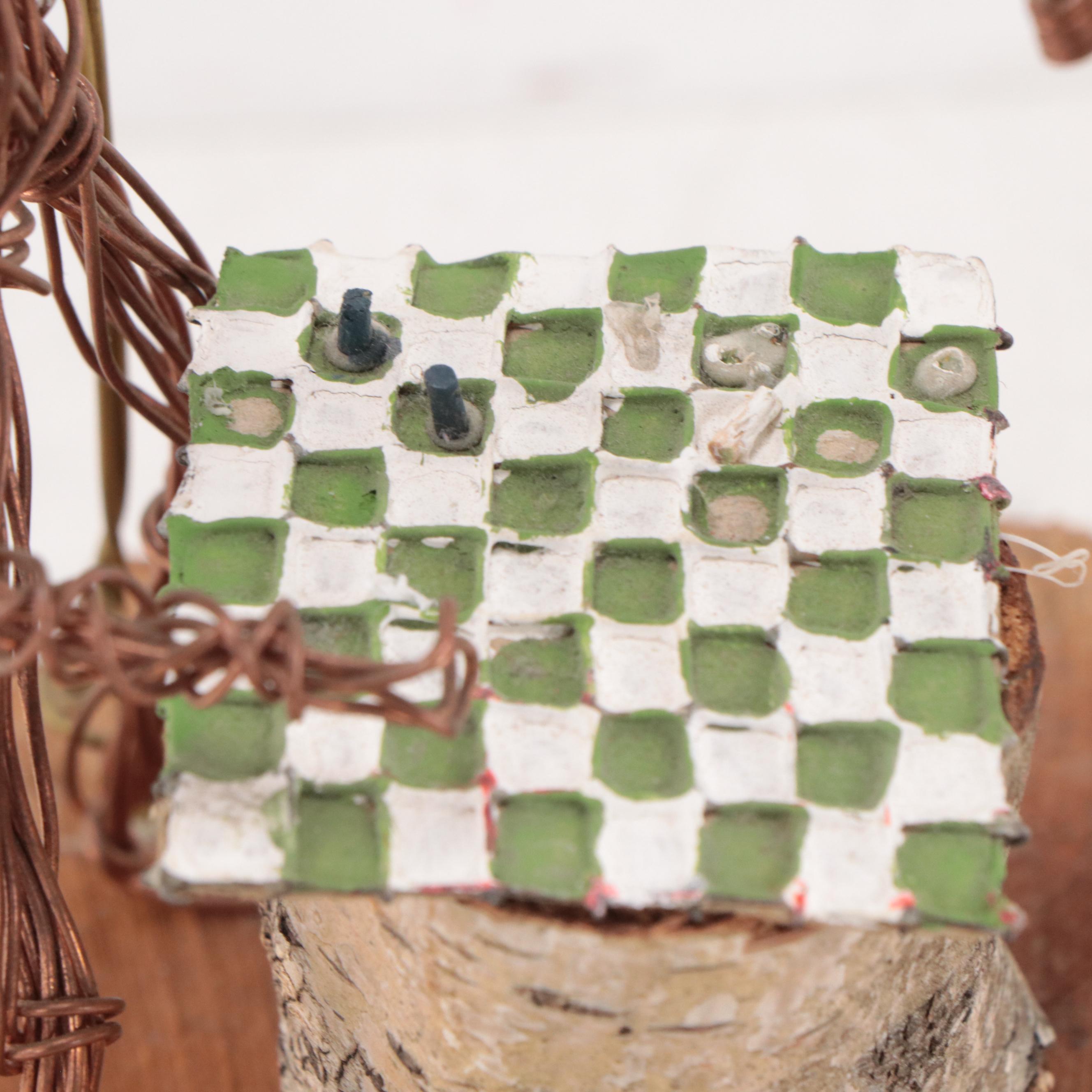 Rustic Wood and Wire Sculpture of Figures Playing Chess, 1999