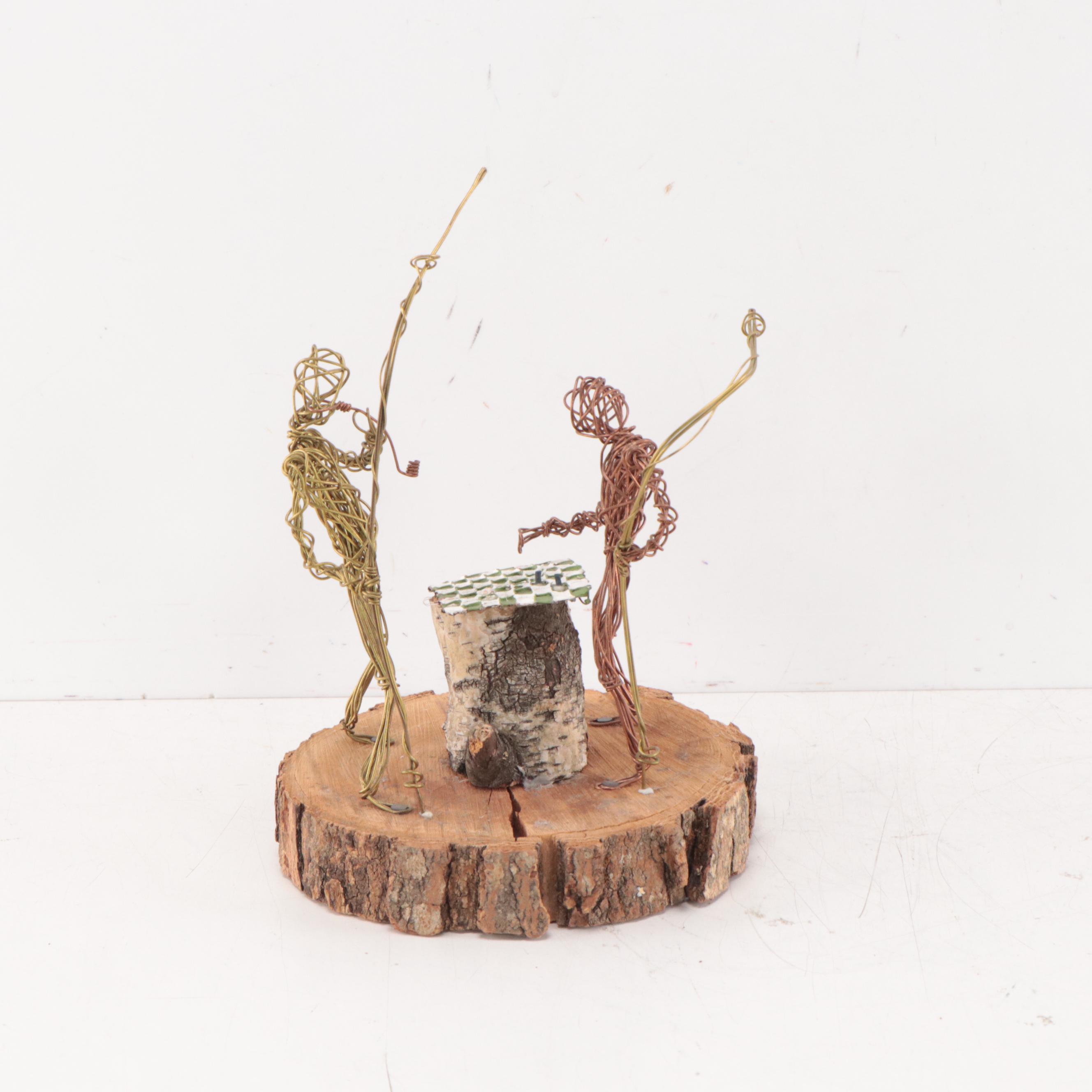 Rustic Wood and Wire Sculpture of Figures Playing Chess, 1999
