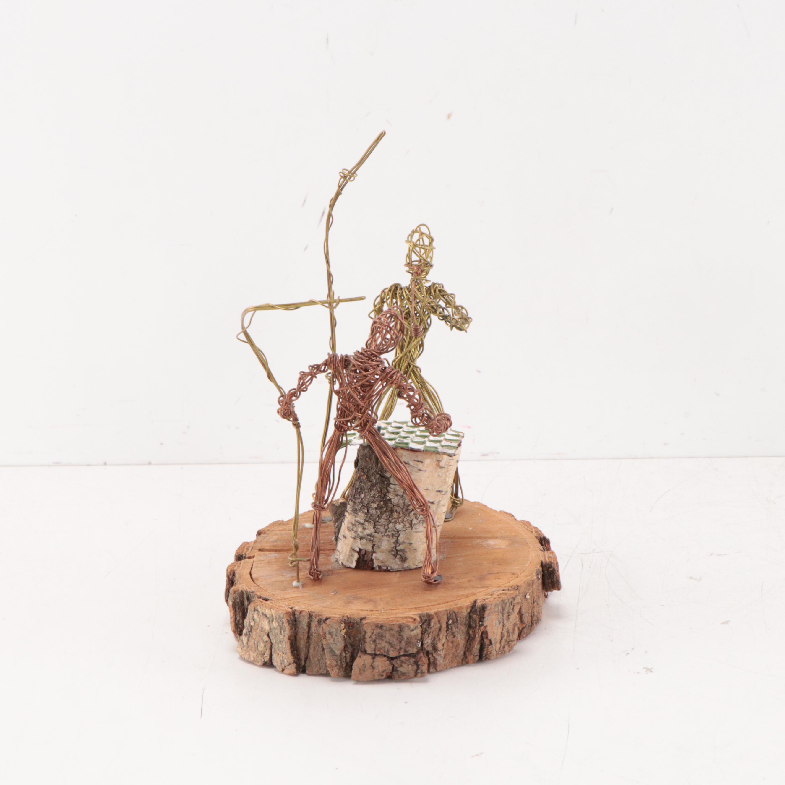 Rustic Wood and Wire Sculpture of Figures Playing Chess, 1999