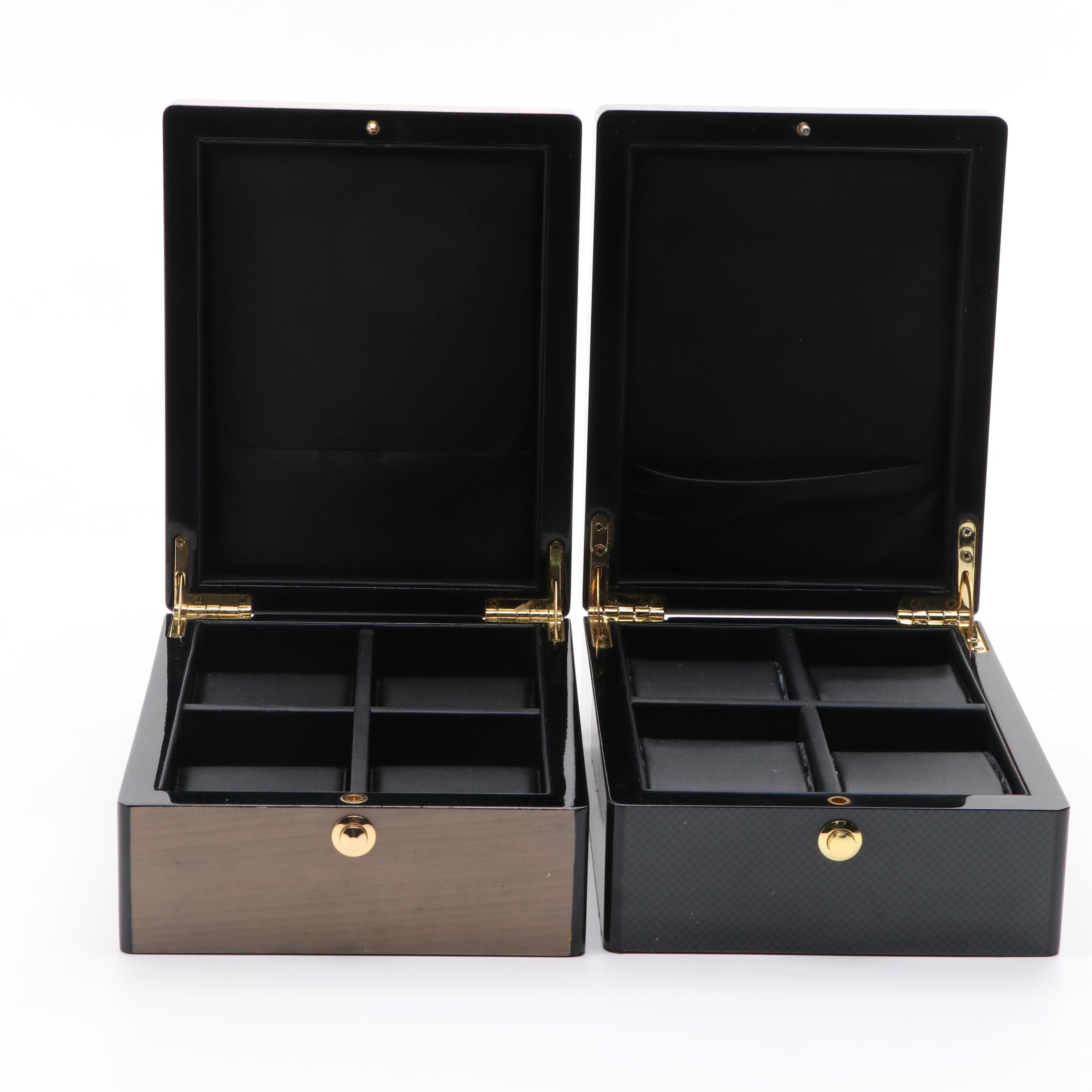 Lacquered Wood Watch Boxes with Metal Hardware and Faux Leather Interiors