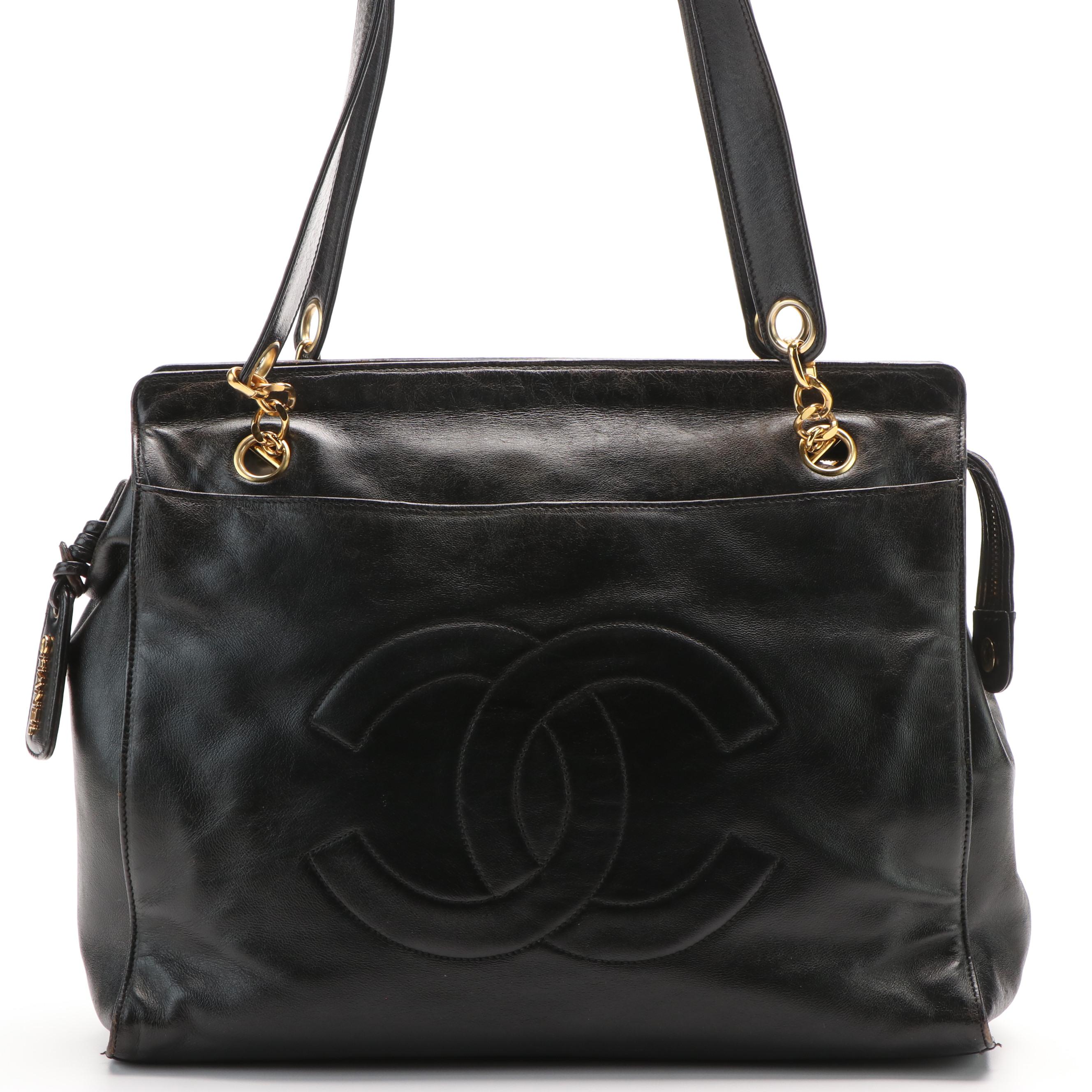 Chanel CC Logo Black Caviar Leather Tote Bag