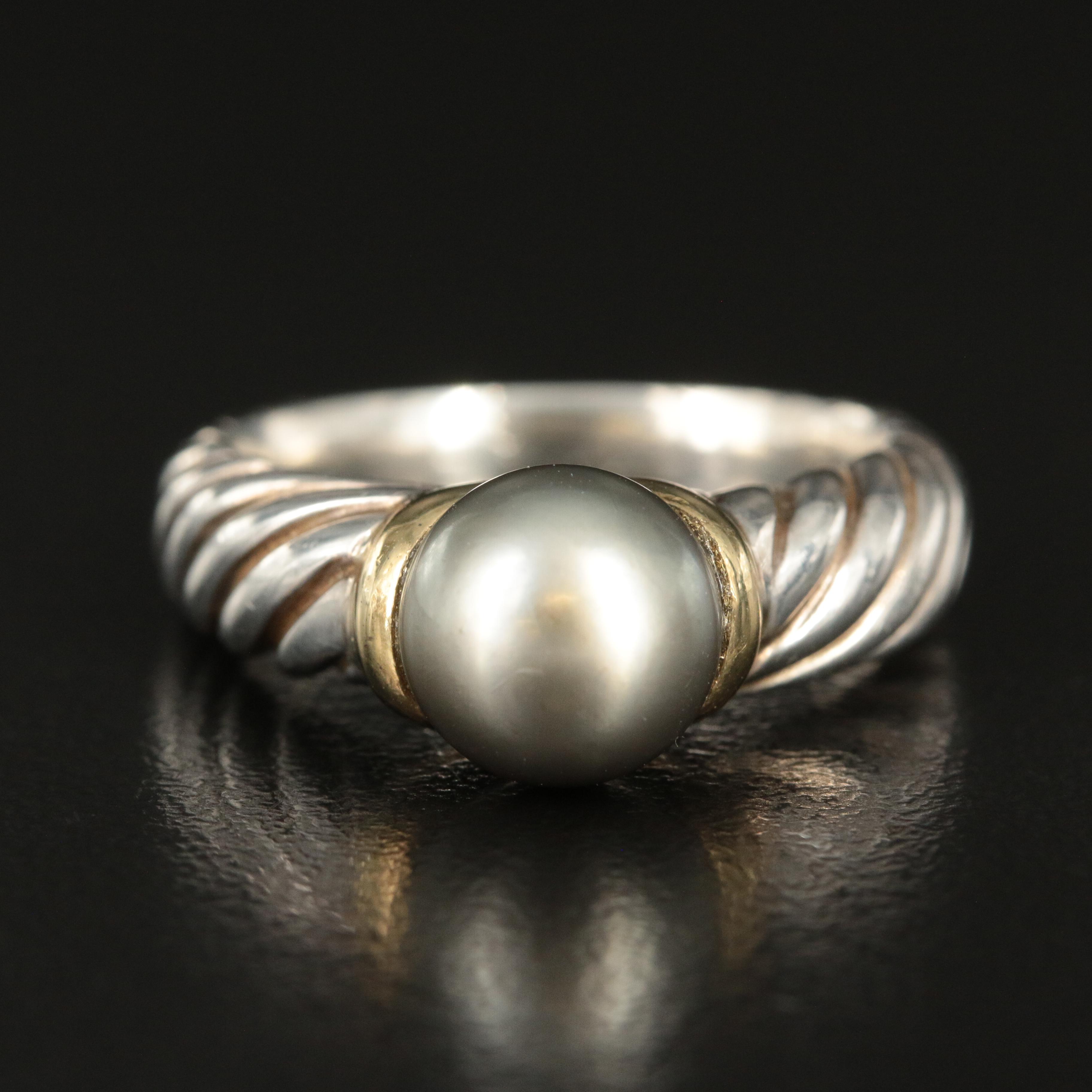 David Yurman Sterling and 18K Pearl Cable Ring