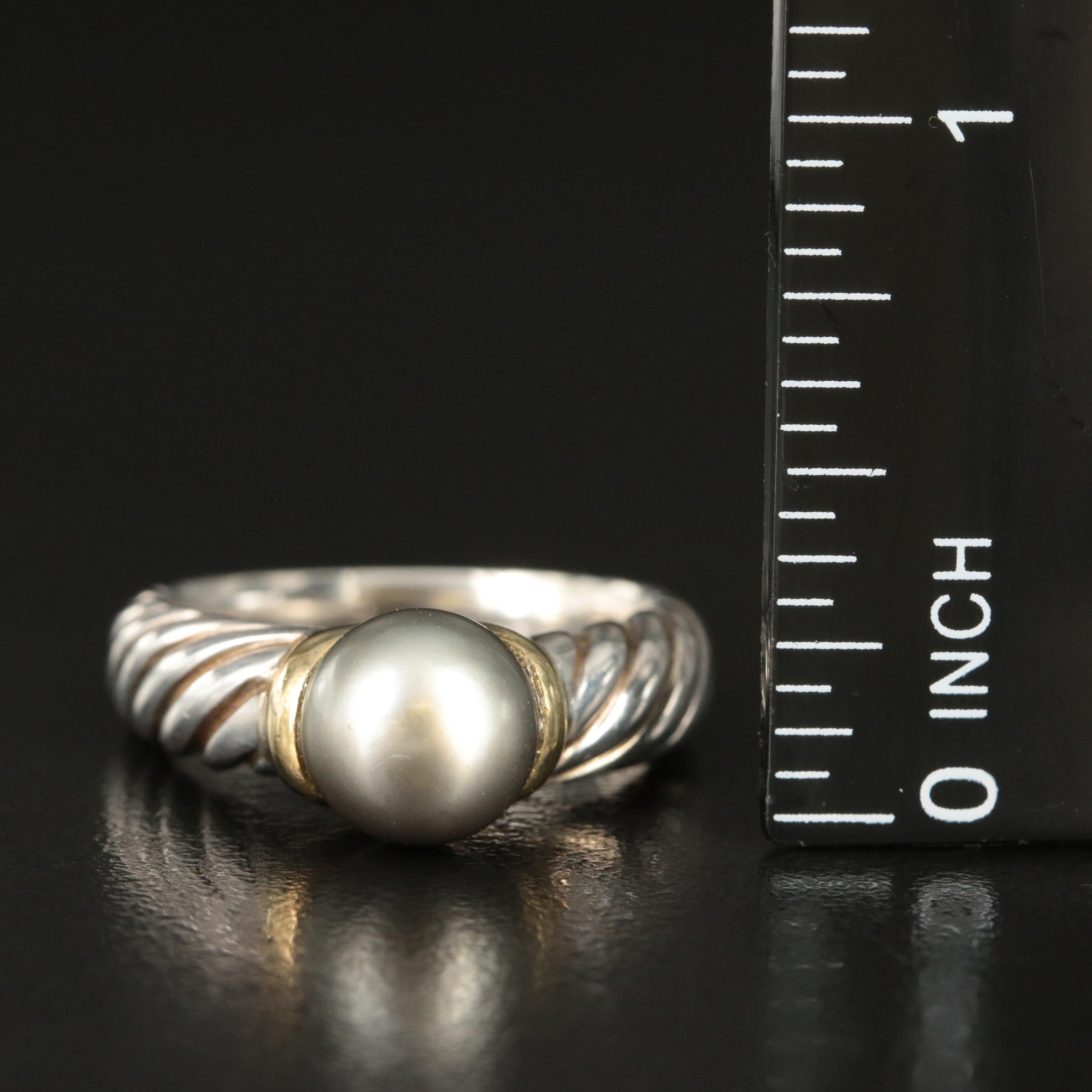 David Yurman Sterling and 18K Pearl Cable Ring