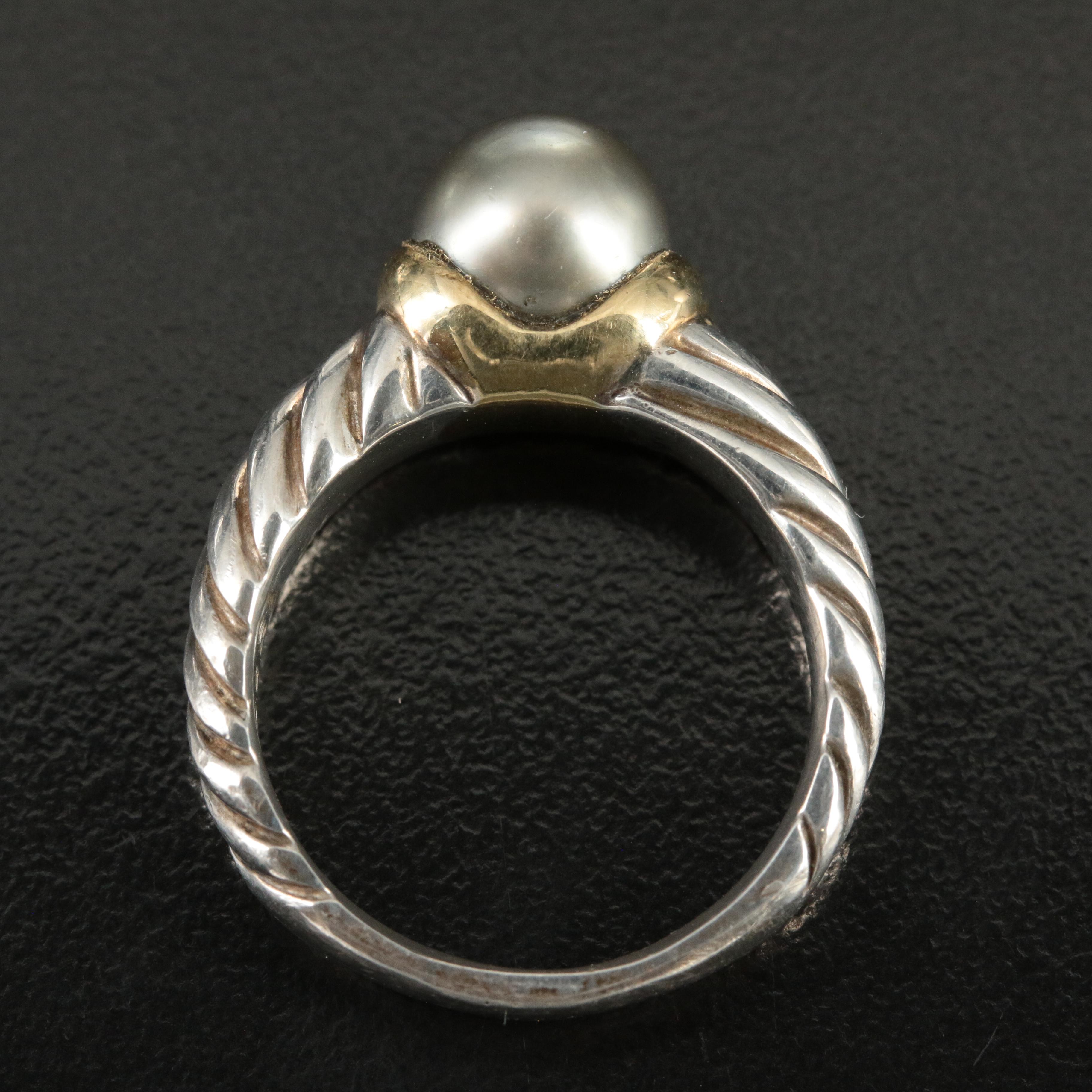 David Yurman Sterling and 18K Pearl Cable Ring